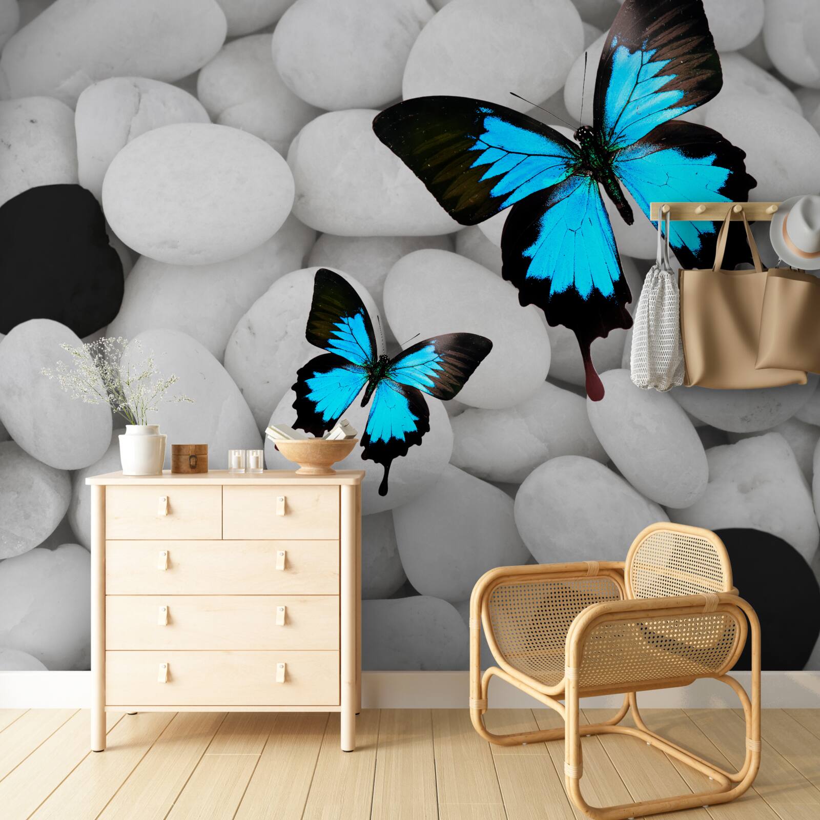 Fotobehang kleurrijke vlinders op heldere stenen