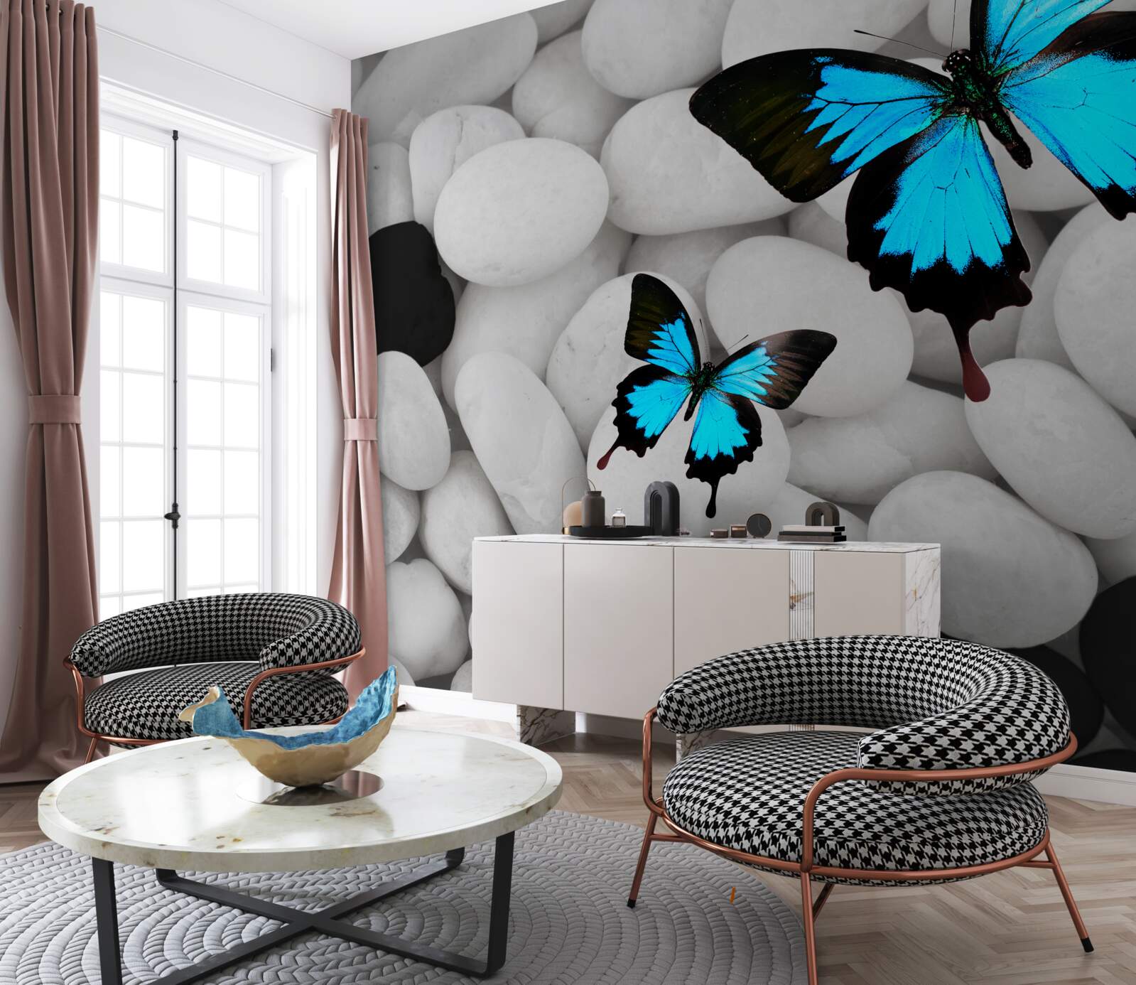 Fotobehang kleurrijke vlinders op heldere stenen