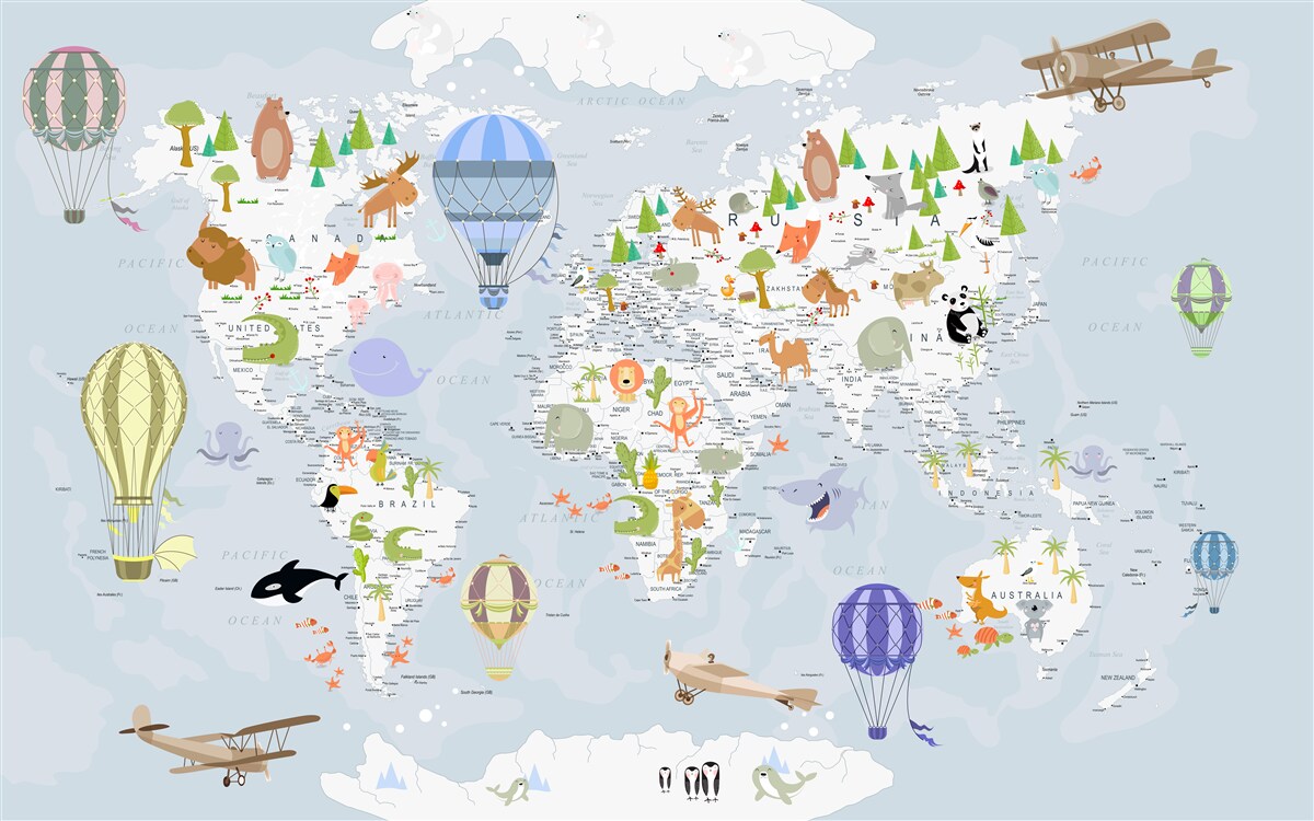 Fotobehang wereldkaart met ballonnen