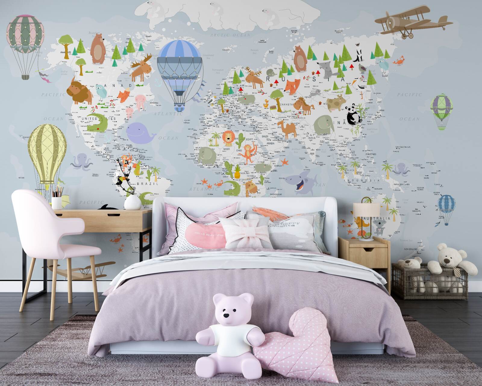 Fotobehang wereldkaart met ballonnen