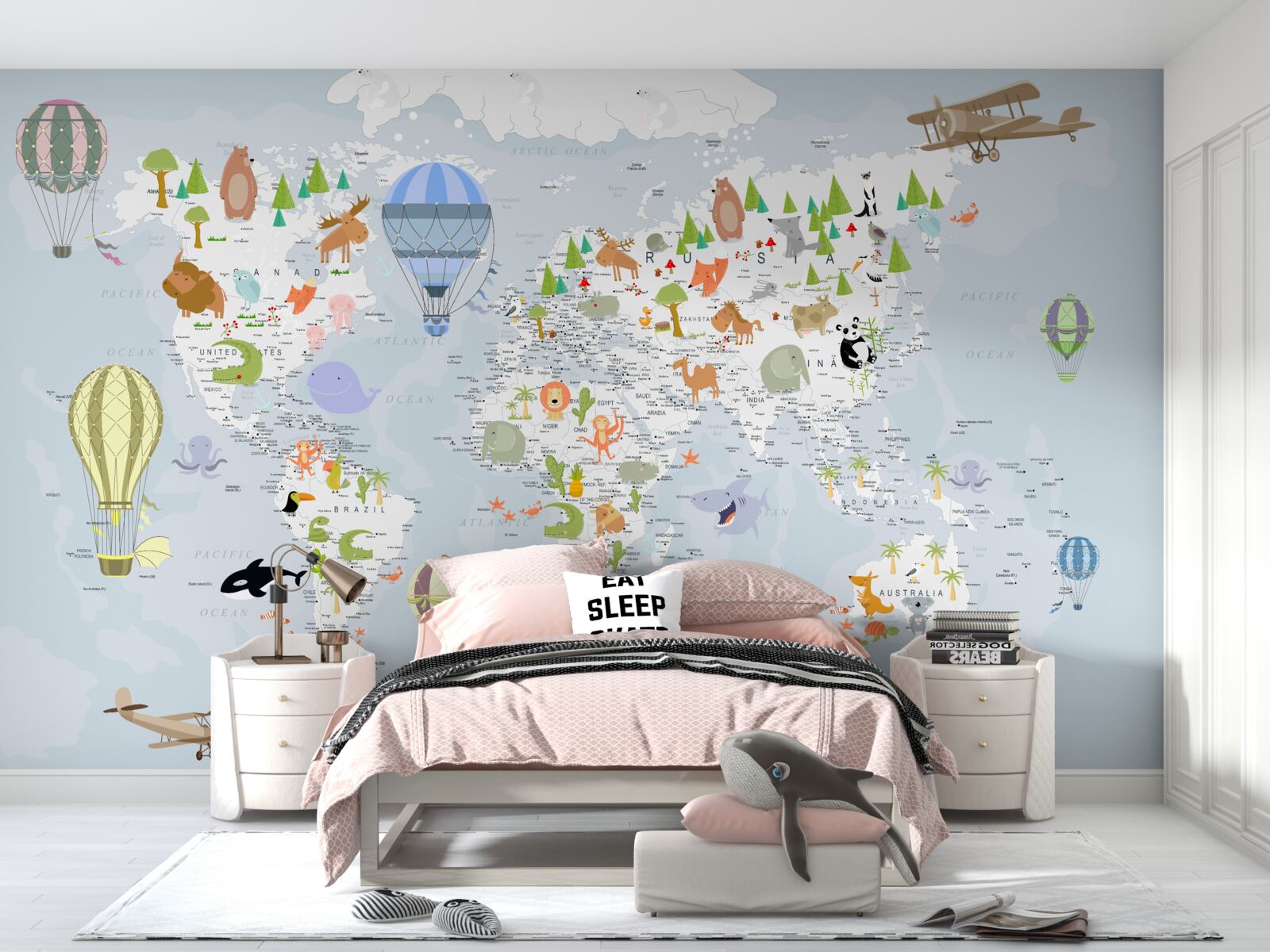 Fotobehang wereldkaart met ballonnen