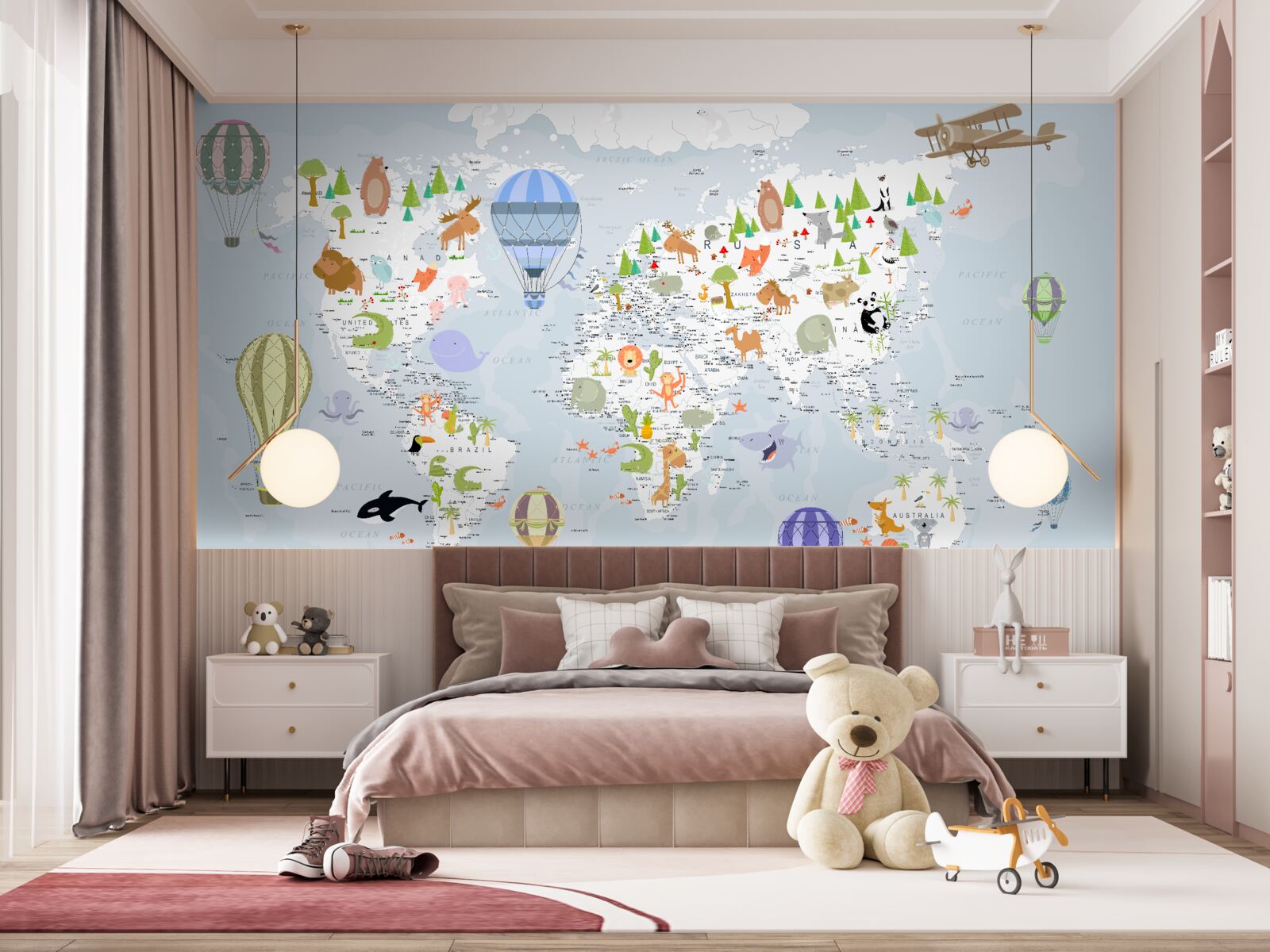 Fotobehang wereldkaart met ballonnen