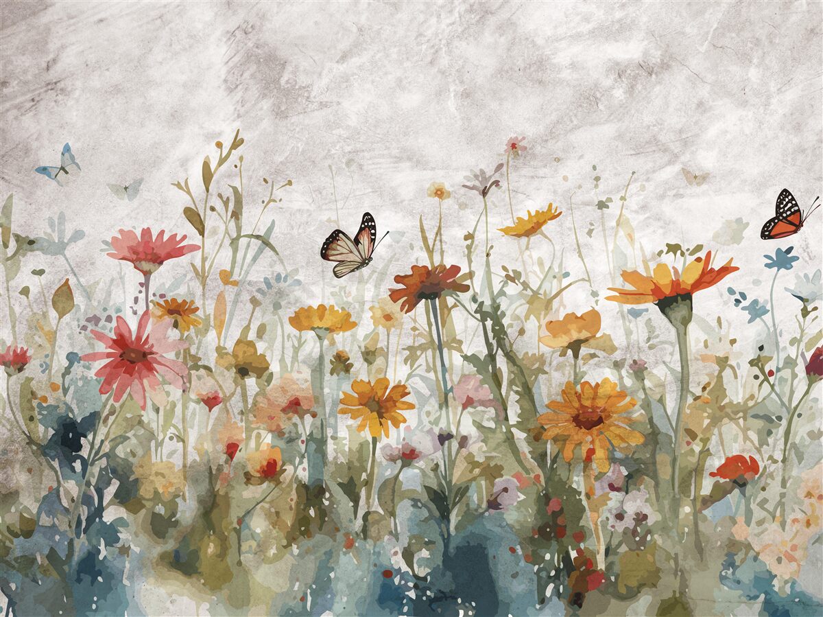 Fotobehang bloemen met vlinders bij zonsopgang