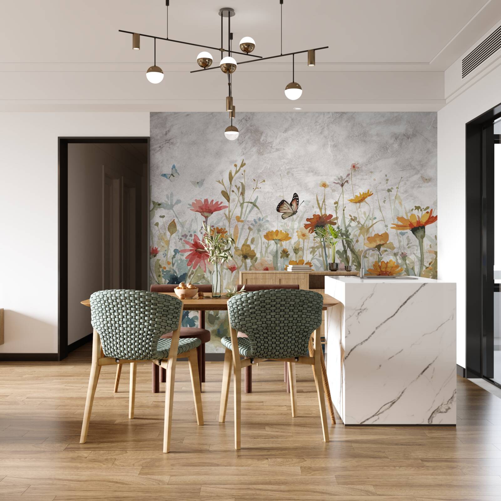 Fotobehang bloemen met vlinders bij zonsopgang