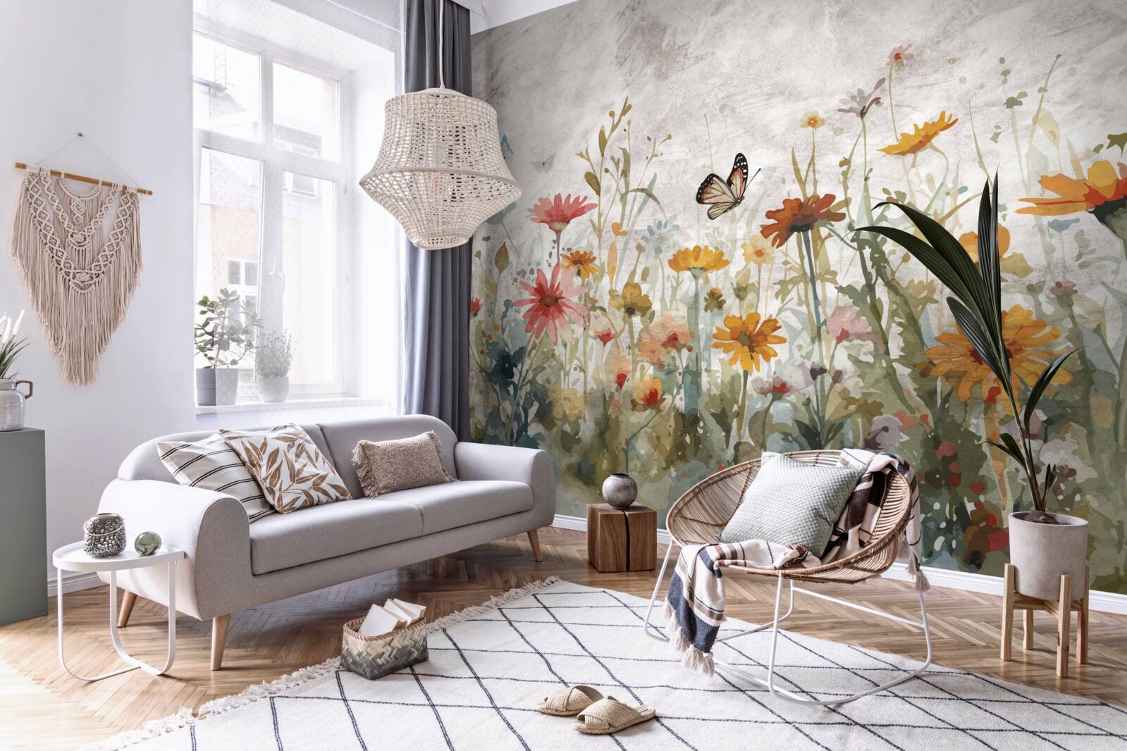 Fotobehang bloemen met vlinders bij zonsopgang