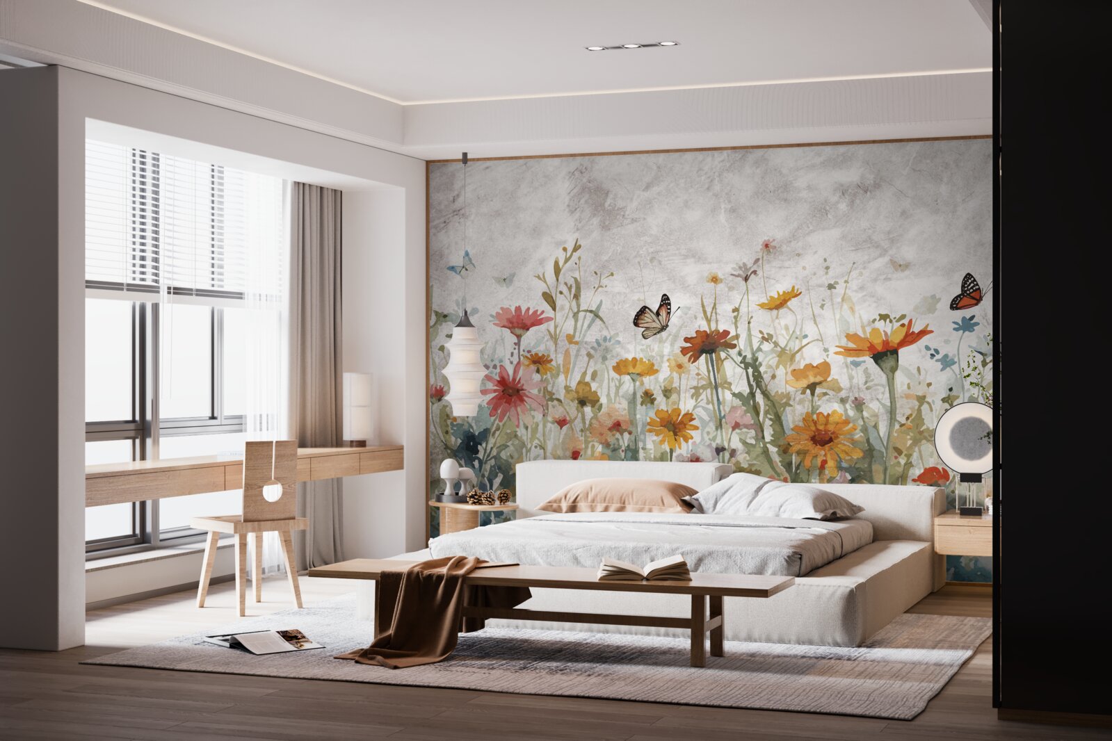 Fotobehang bloemen met vlinders bij zonsopgang