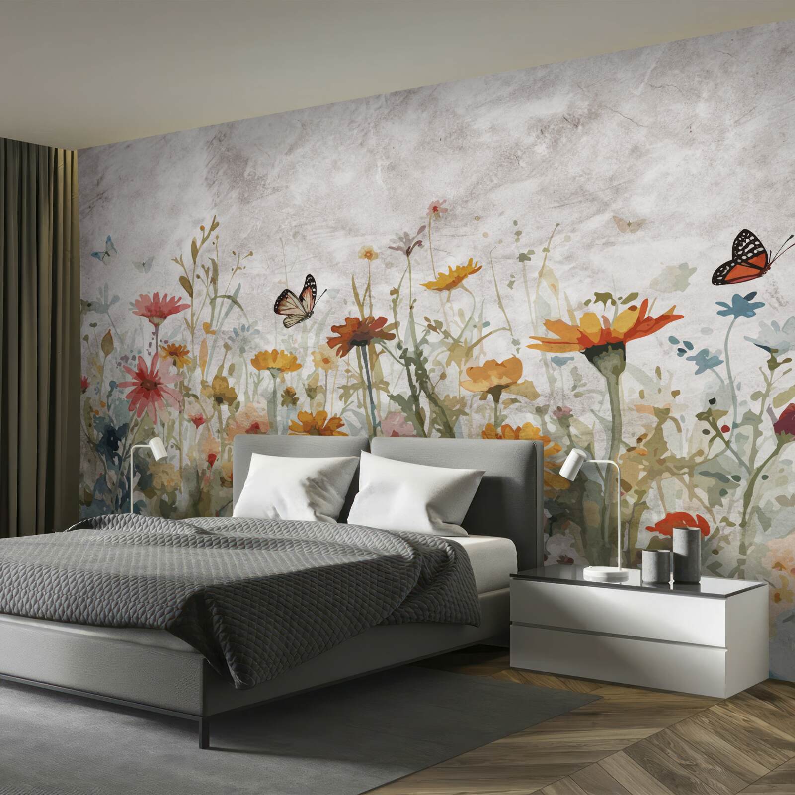 Fotobehang bloemen met vlinders bij zonsopgang