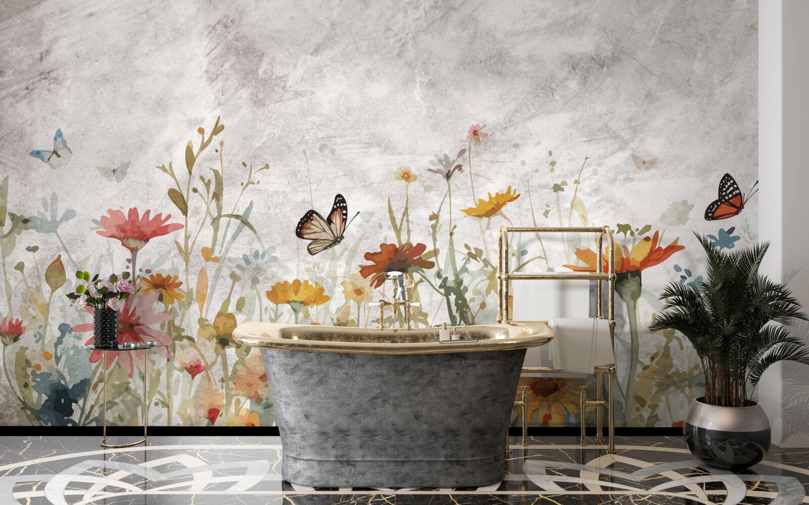 Fotobehang bloemen met vlinders bij zonsopgang