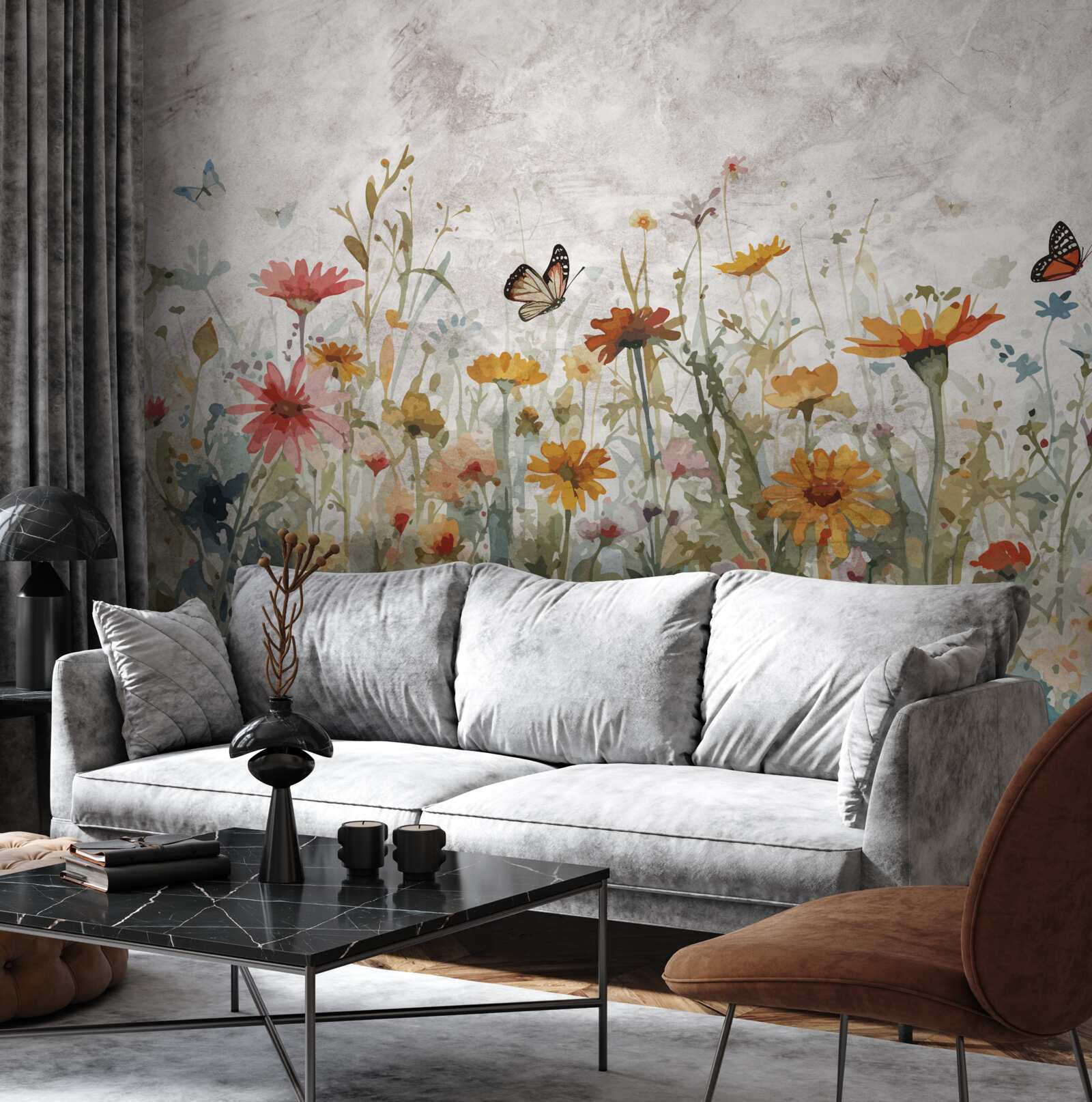 Fotobehang bloemen met vlinders bij zonsopgang