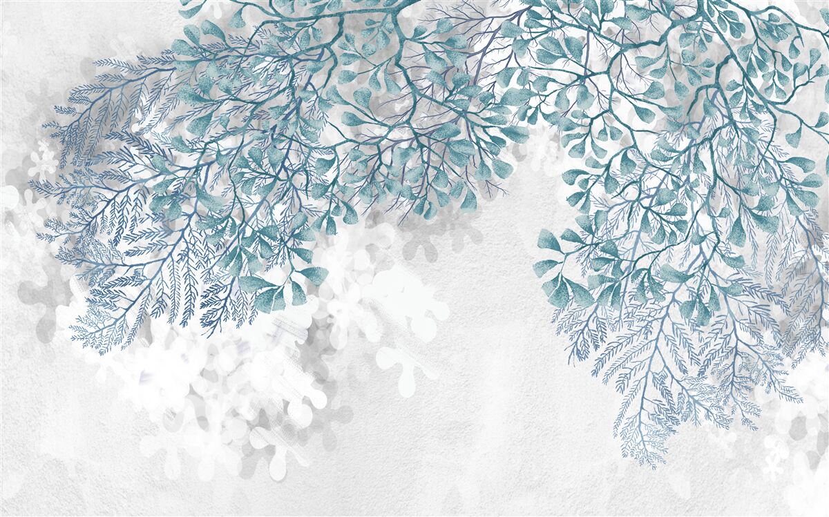 Fotobehang witte achtergrond met groene bladeren