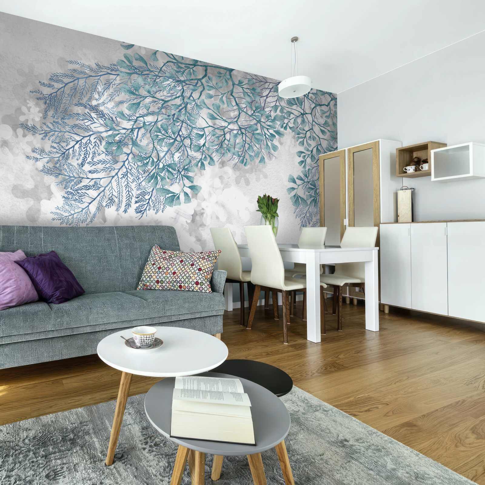 Fotobehang witte achtergrond met groene bladeren