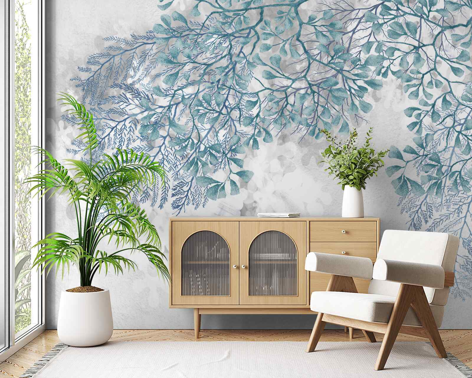 Fotobehang witte achtergrond met groene bladeren