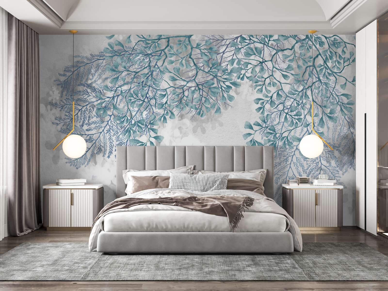 Fotobehang witte achtergrond met groene bladeren