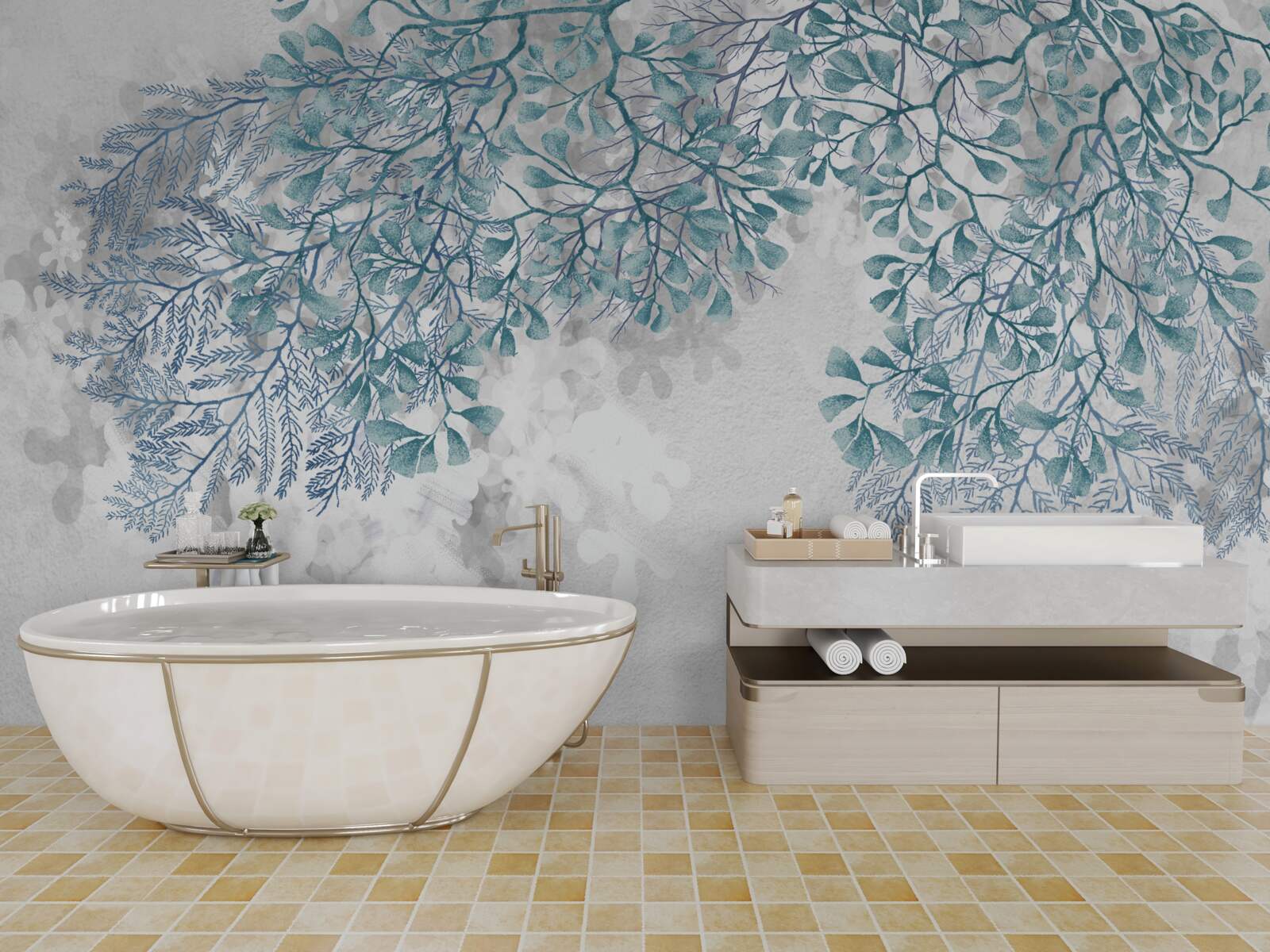 Fotobehang witte achtergrond met groene bladeren