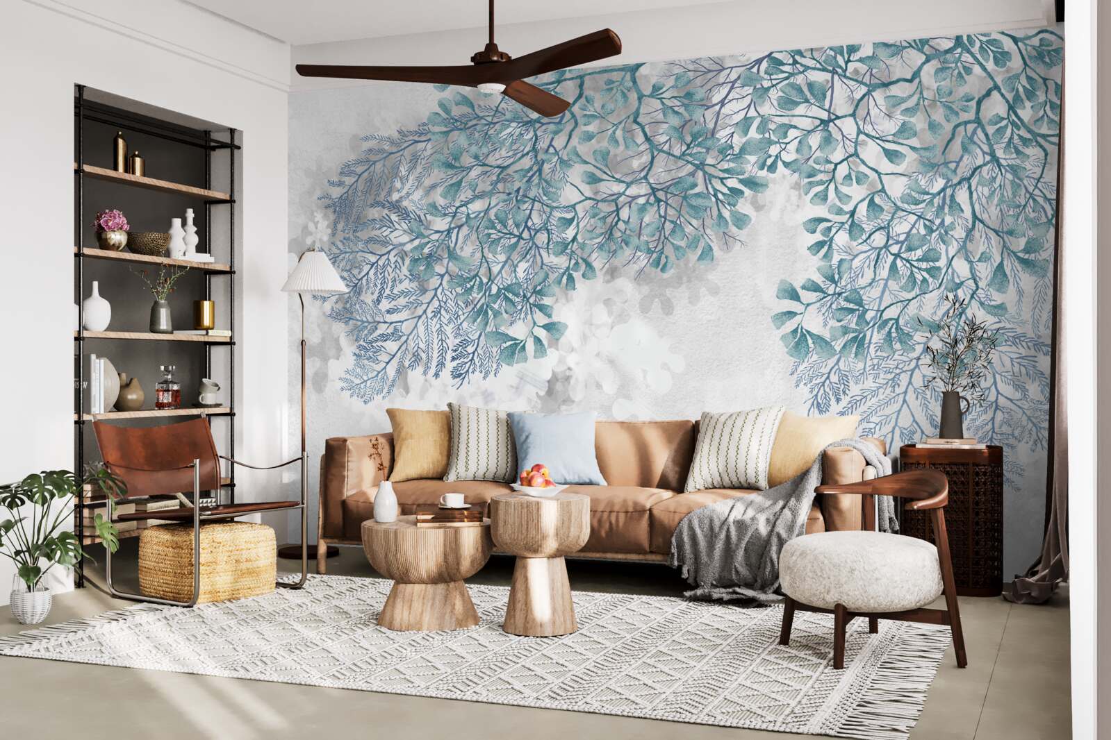 Fotobehang witte achtergrond met groene bladeren