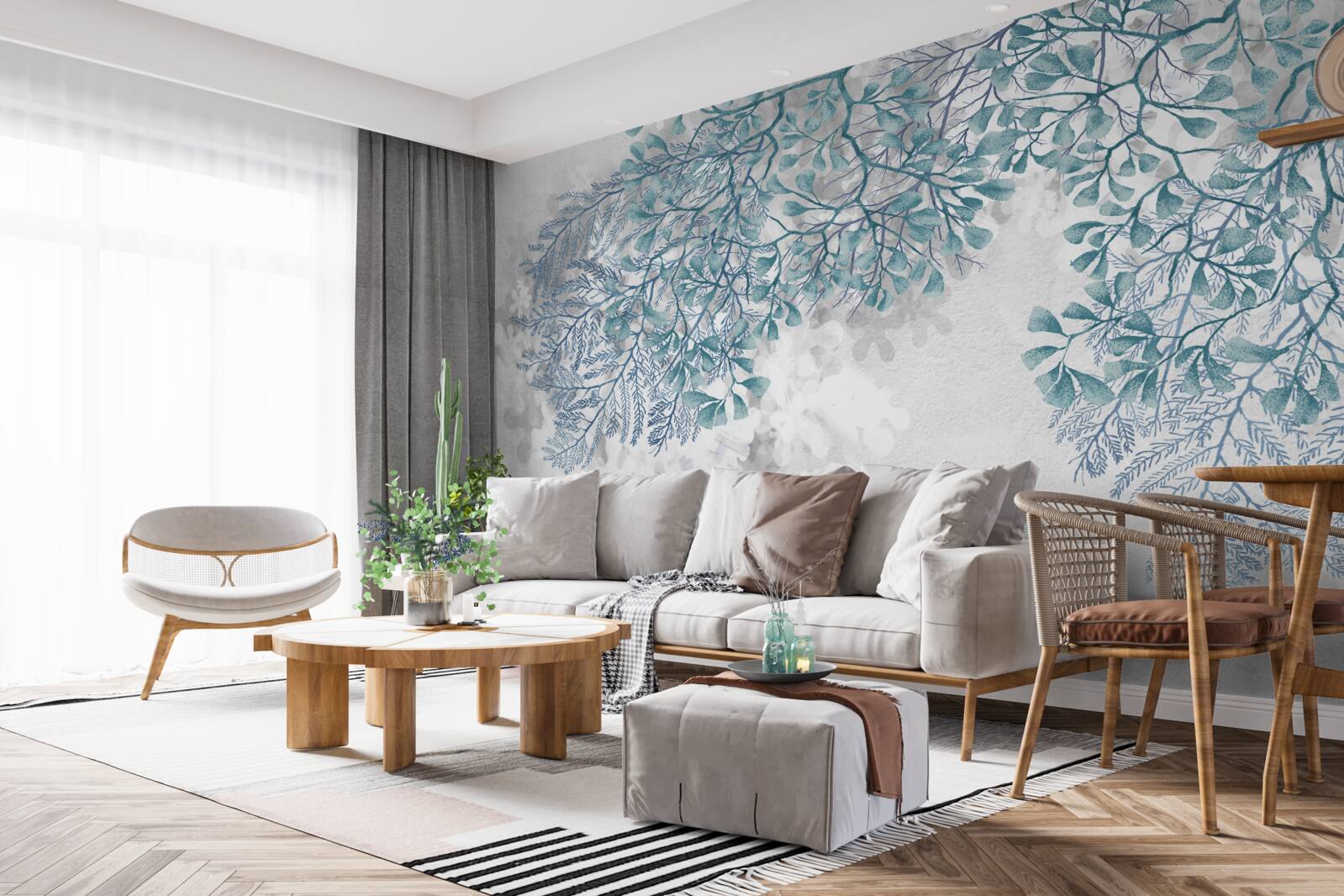 Fotobehang witte achtergrond met groene bladeren