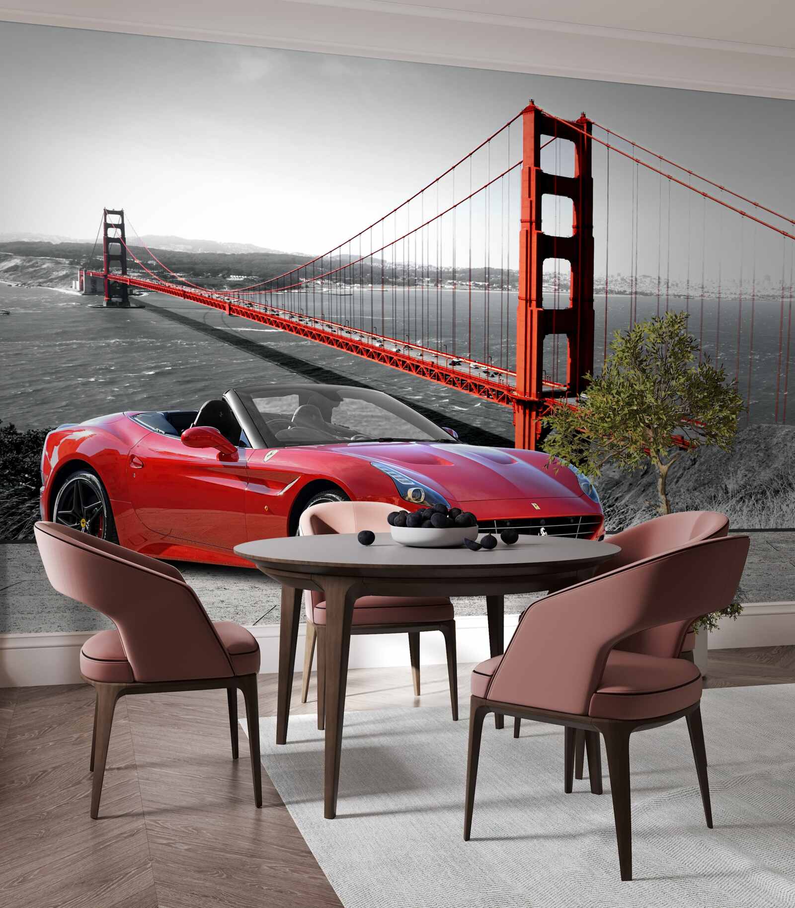 Fotobehang rode auto en brug