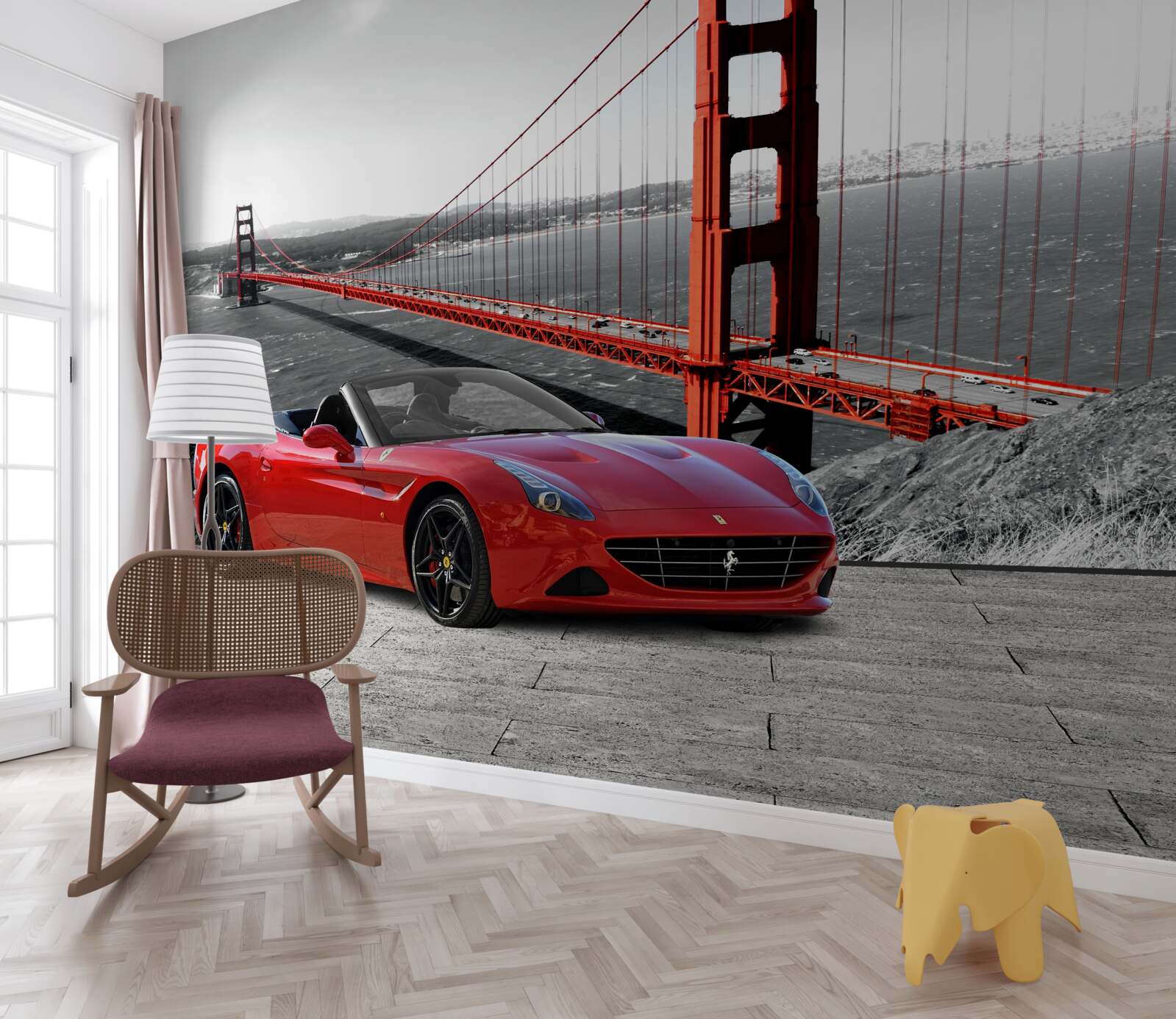 Fotobehang rode auto en brug