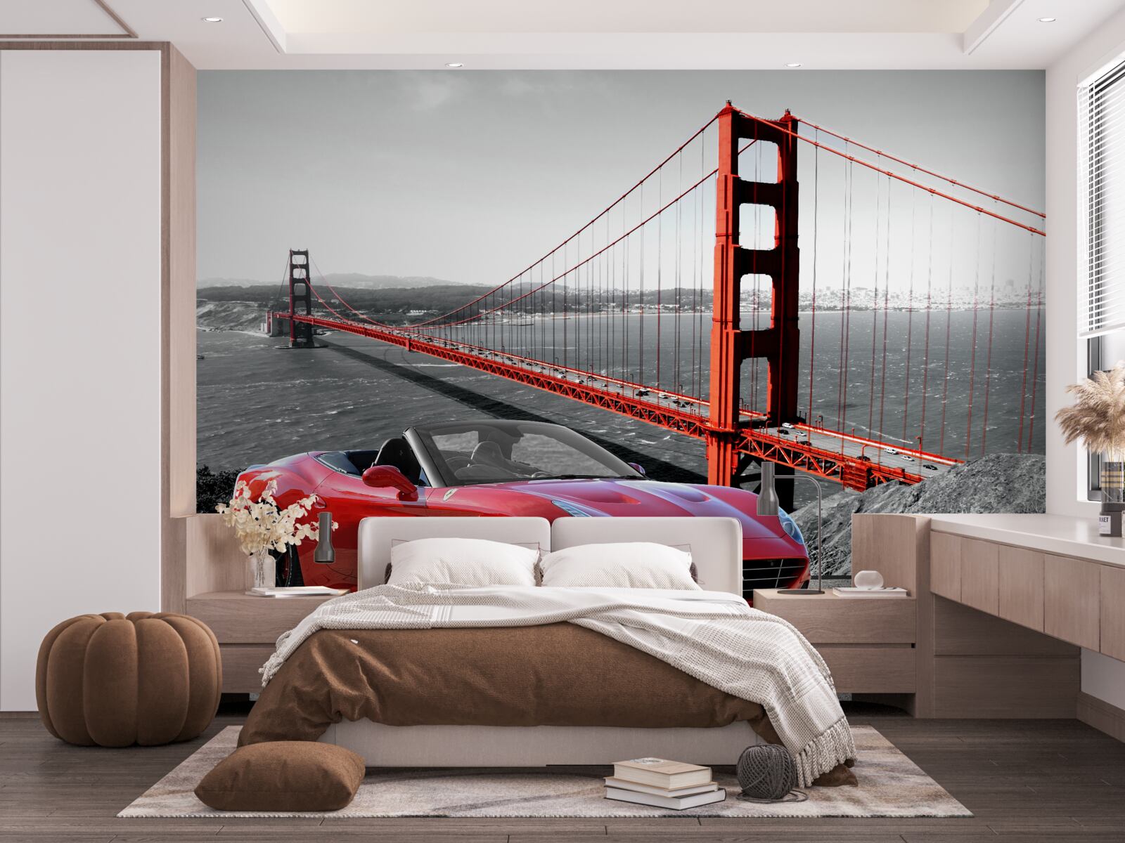 Fotobehang rode auto en brug