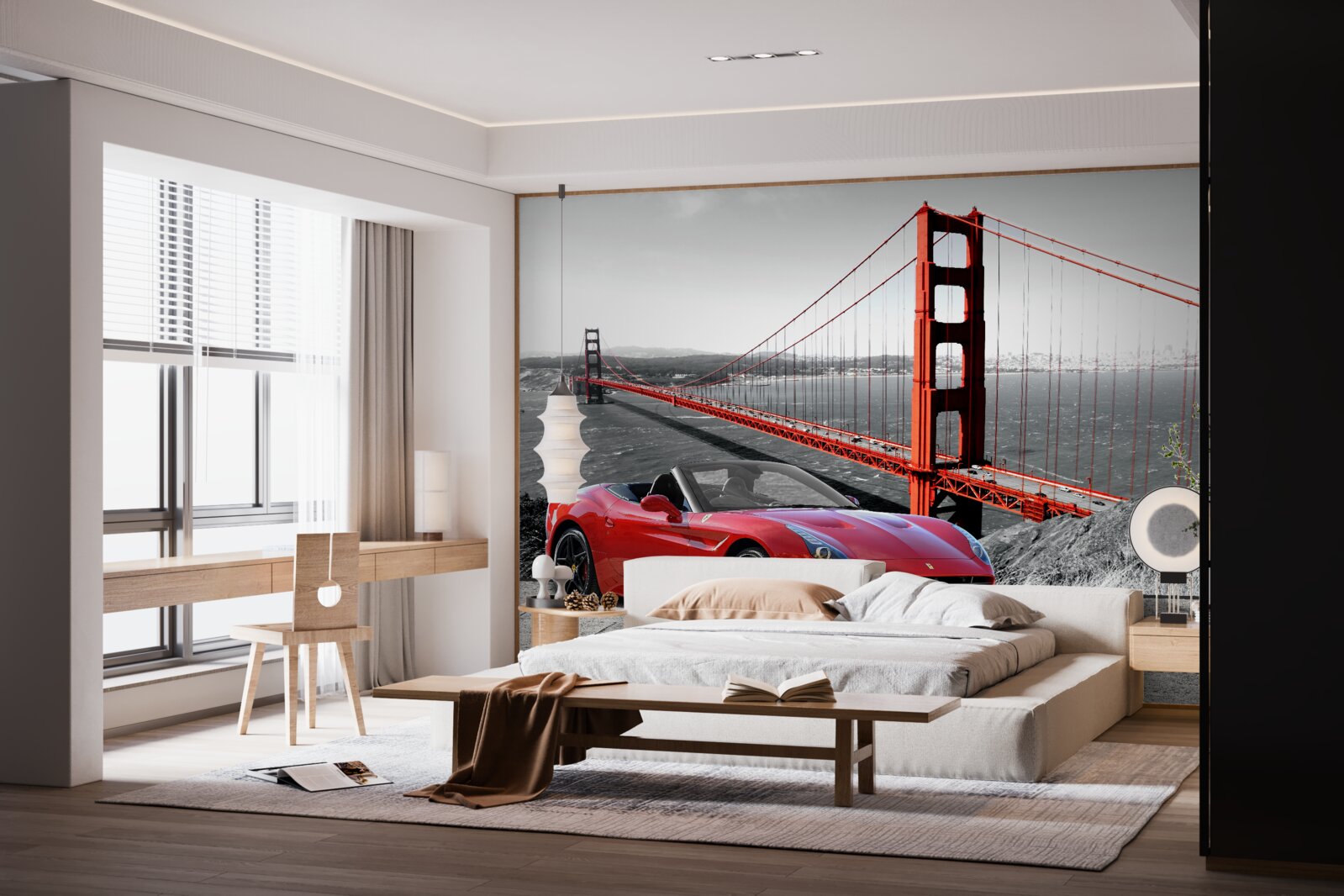 Fotobehang rode auto en brug