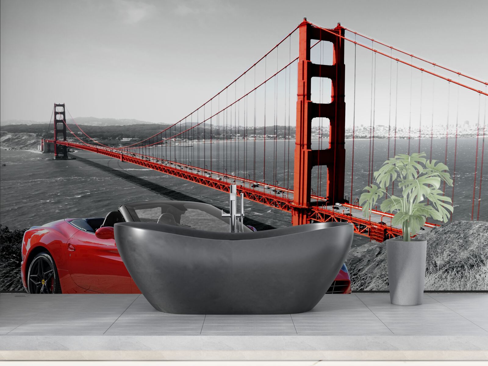 Fotobehang rode auto en brug