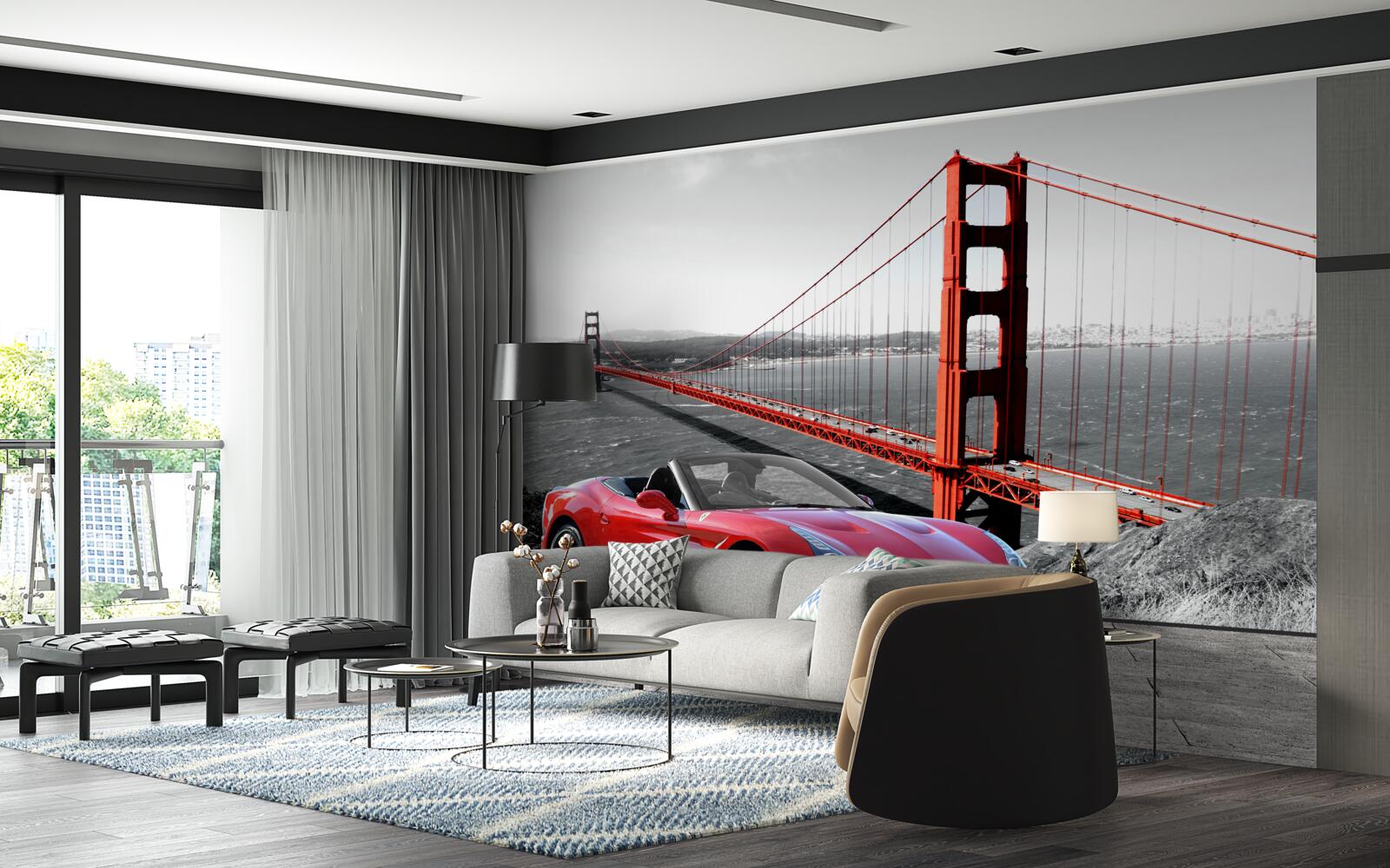 Fotobehang rode auto en brug