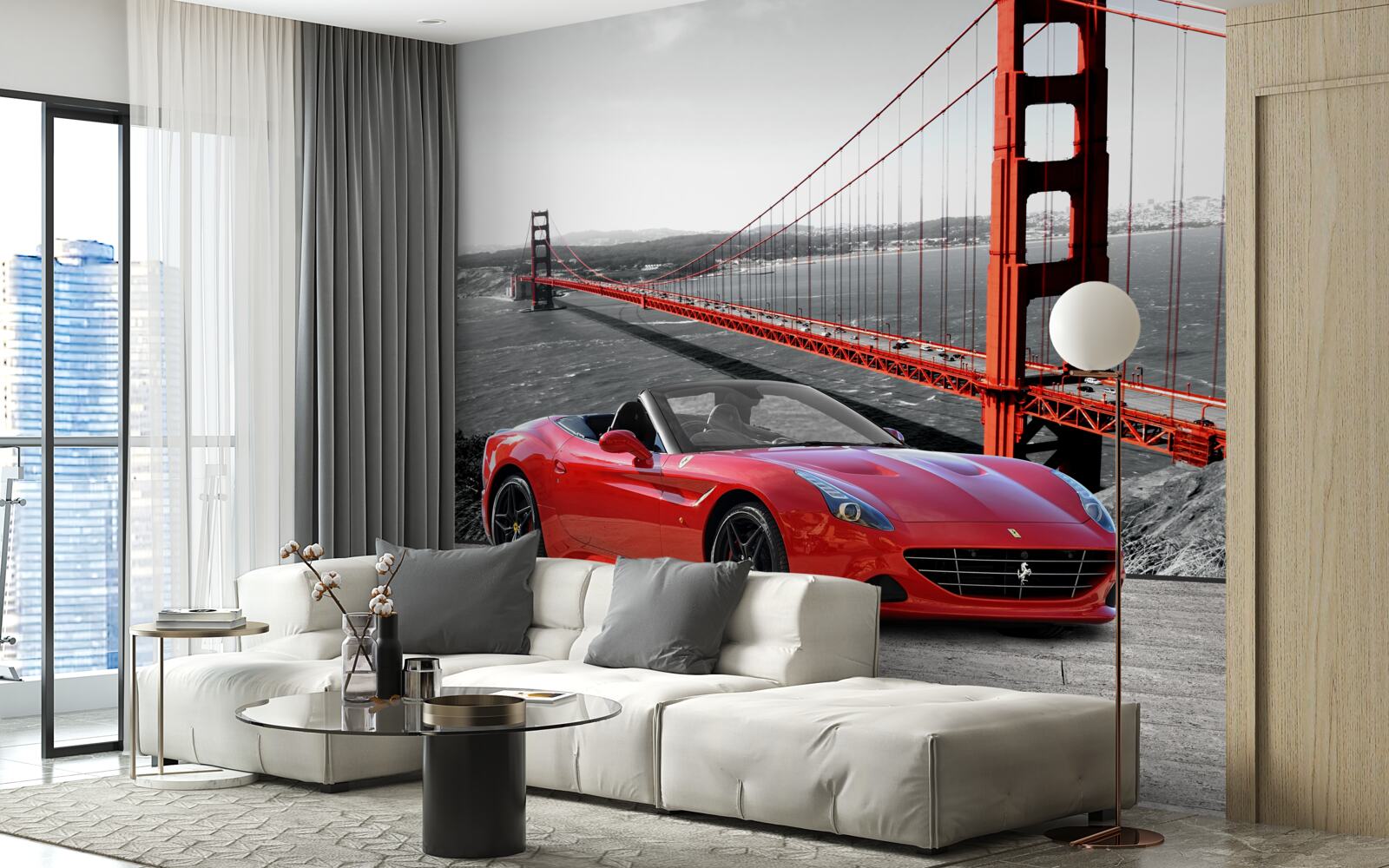 Fotobehang rode auto en brug
