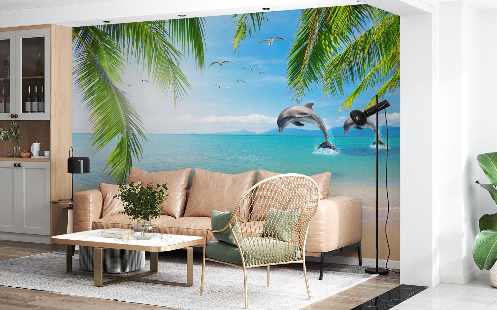 Fotobehang twee dolfijnen voor de kust met azuurblauw water