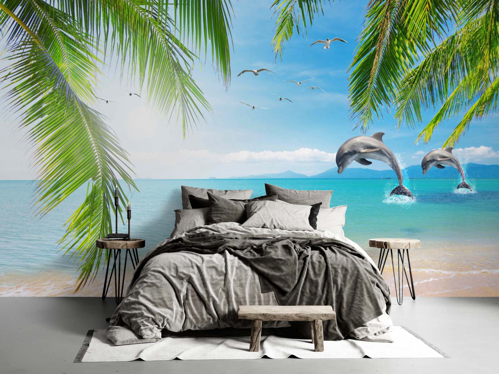 Fotobehang twee dolfijnen voor de kust met azuurblauw water