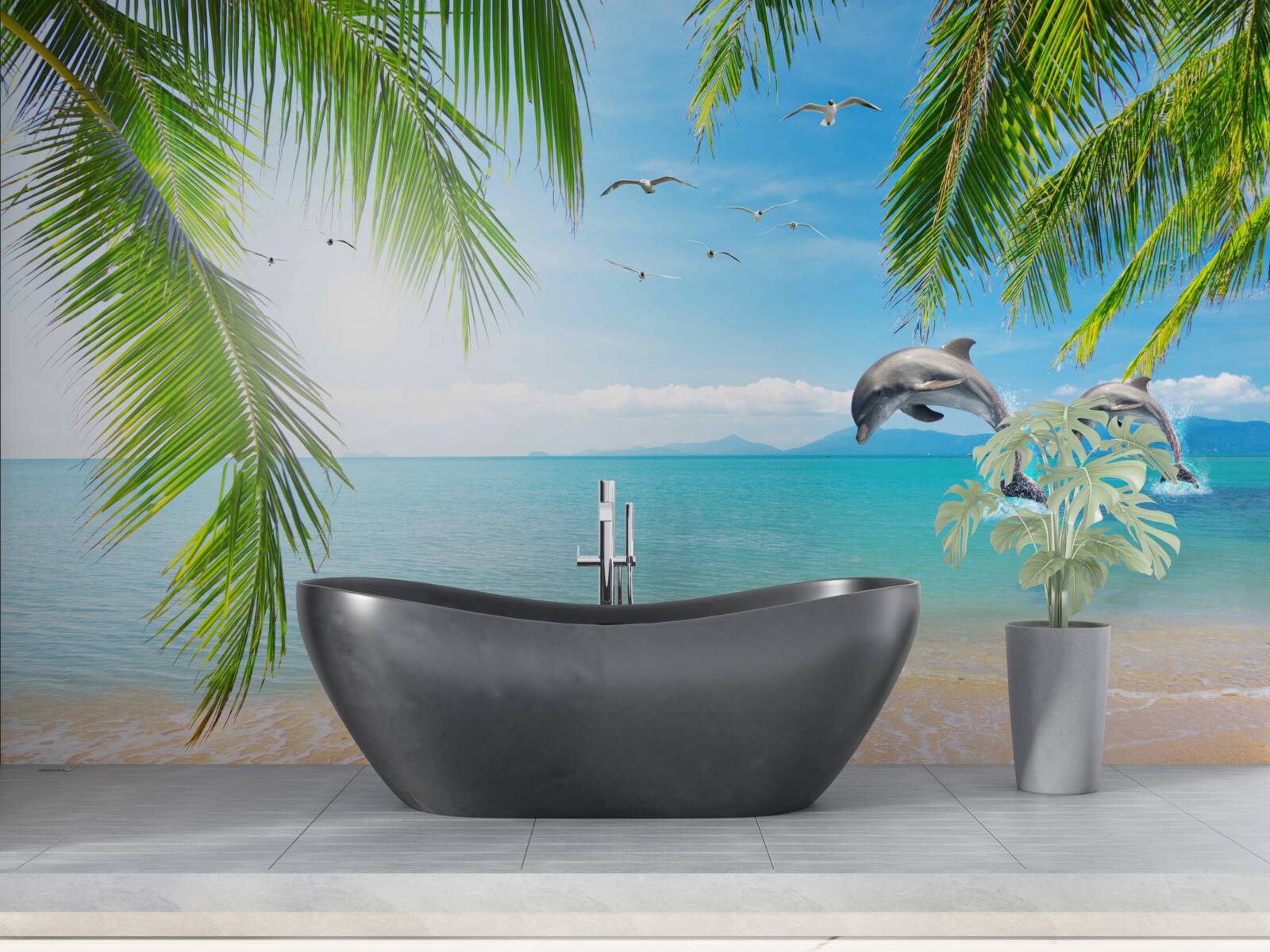 Fotobehang twee dolfijnen voor de kust met azuurblauw water