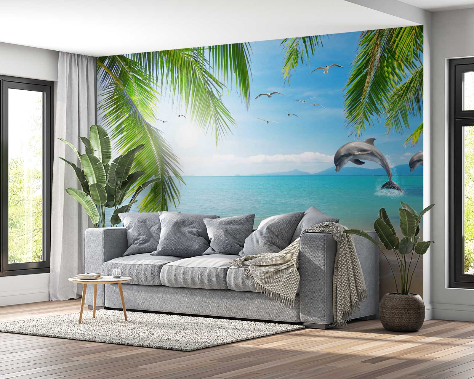 Fotobehang twee dolfijnen voor de kust met azuurblauw water