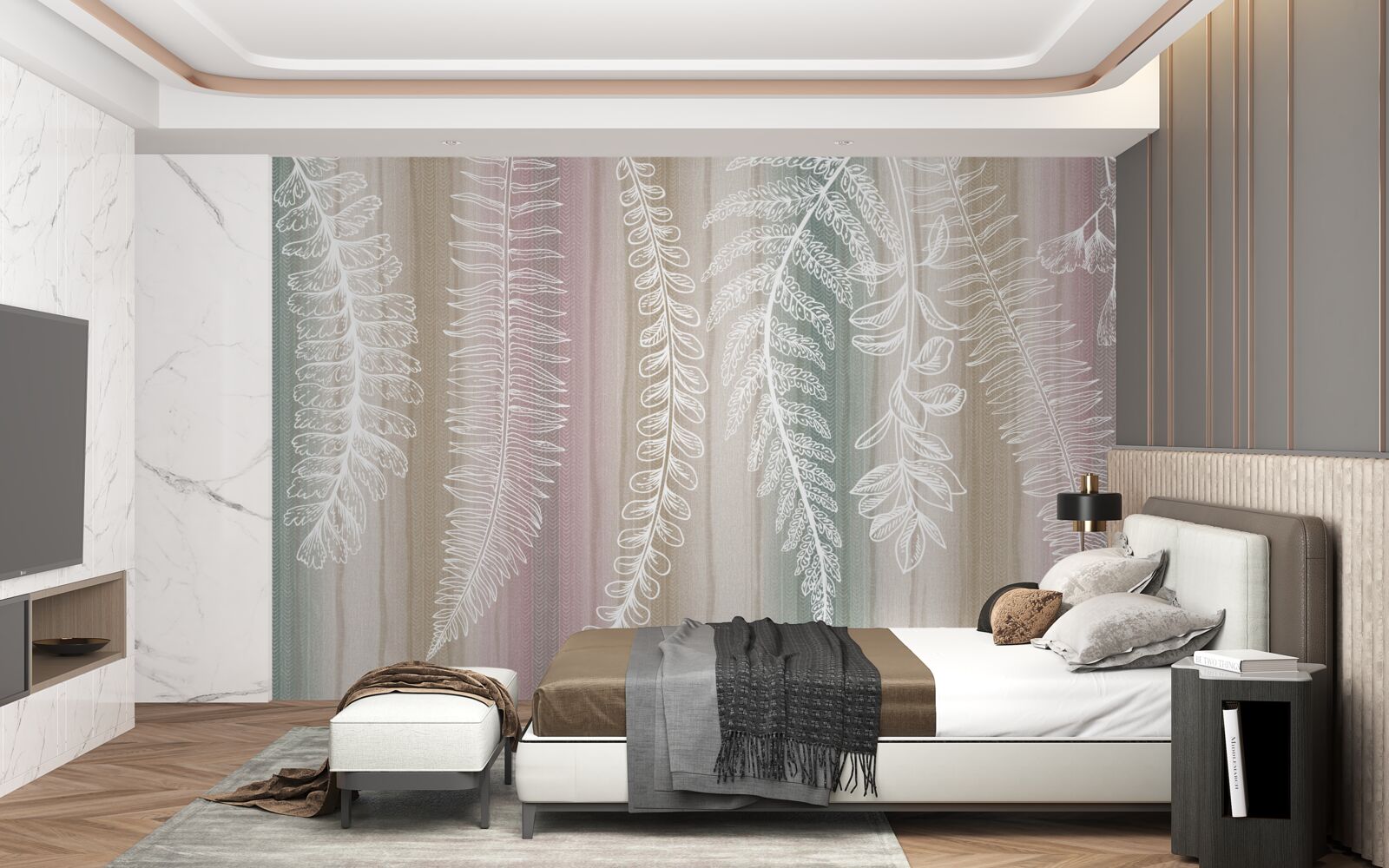 Fotobehang de bladeren zijn wit met een abstract patroon