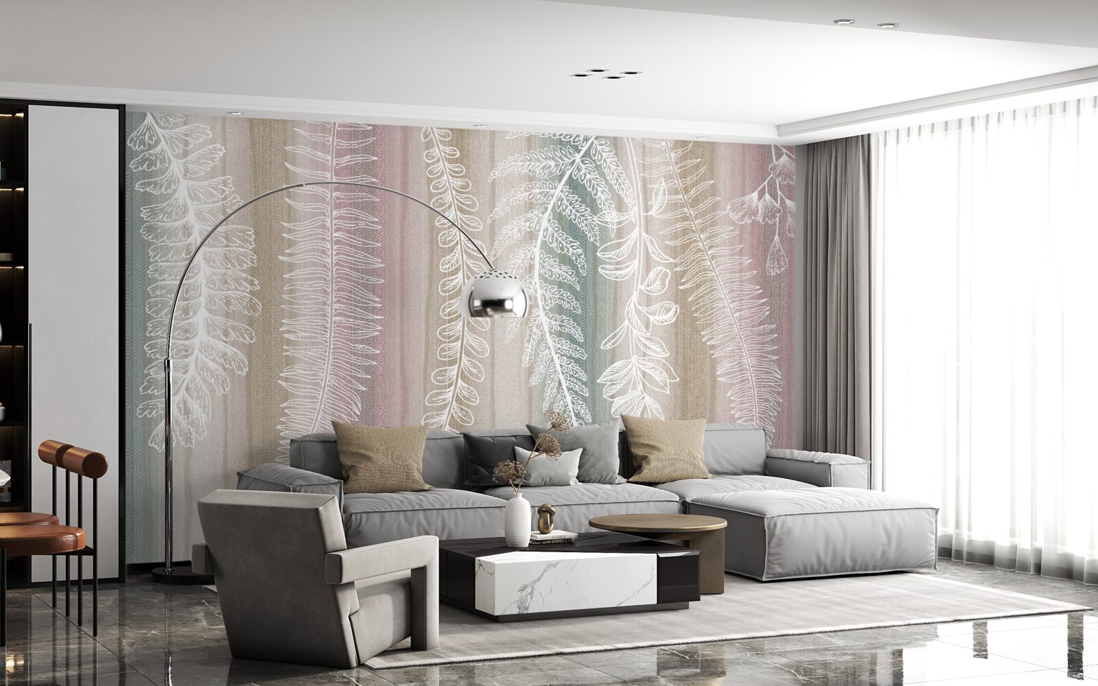 Fotobehang de bladeren zijn wit met een abstract patroon