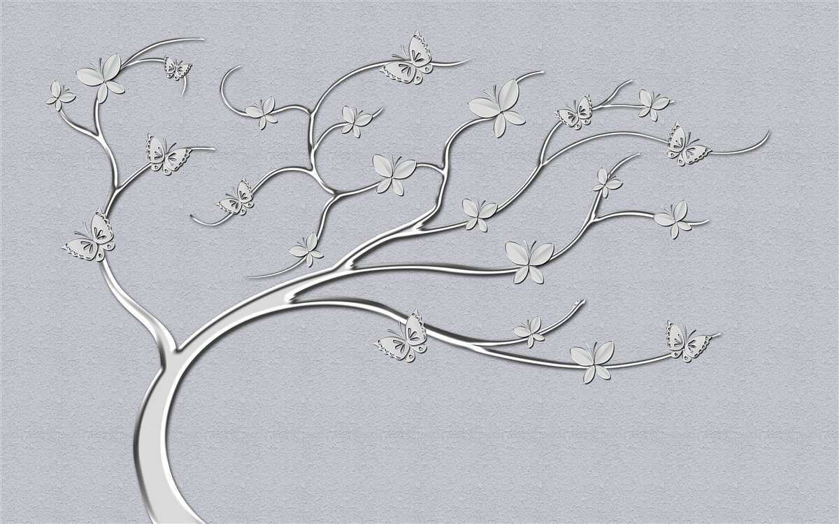 Fotobehang dunne boom met metalen bloemen