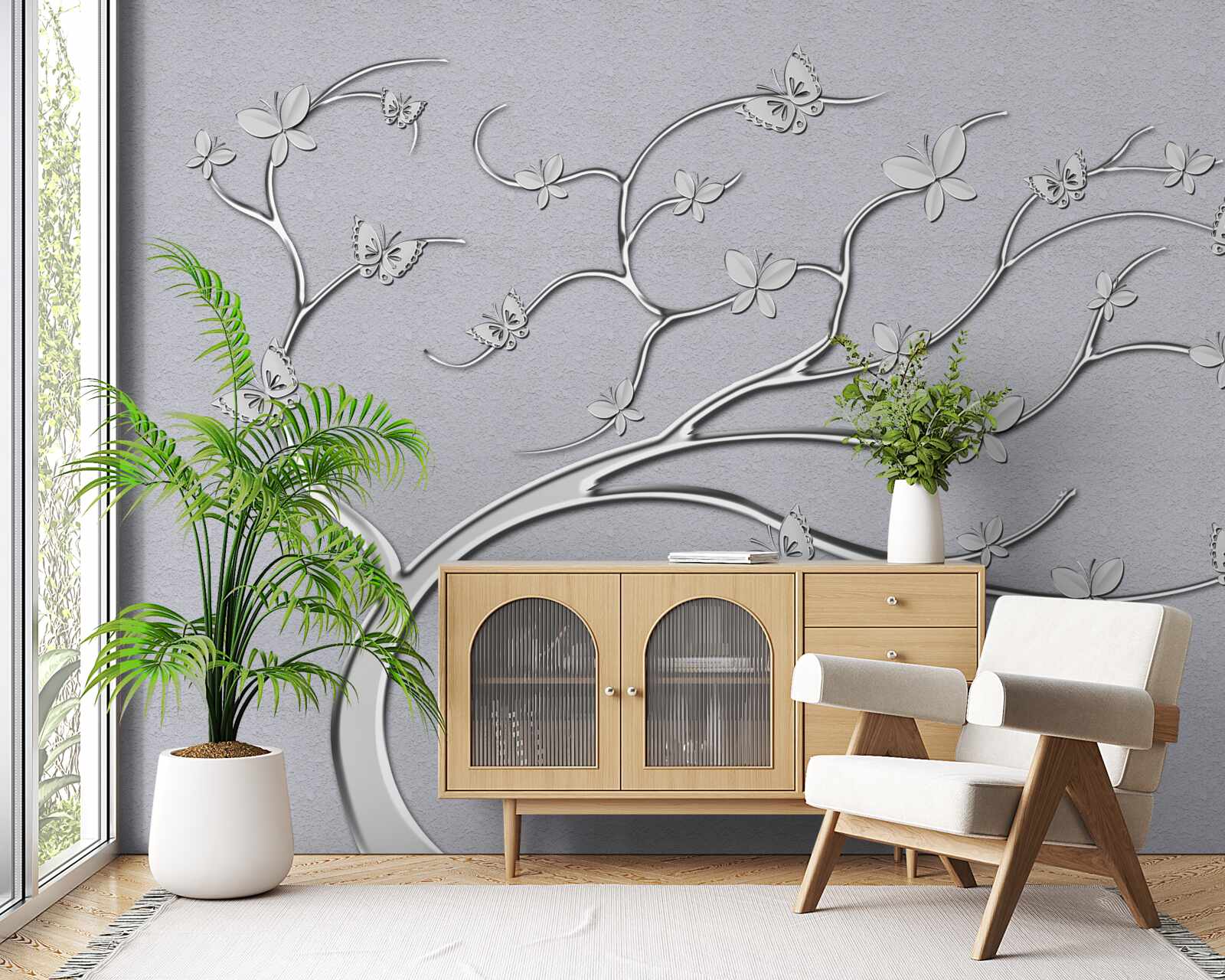 Fotobehang dunne boom met metalen bloemen