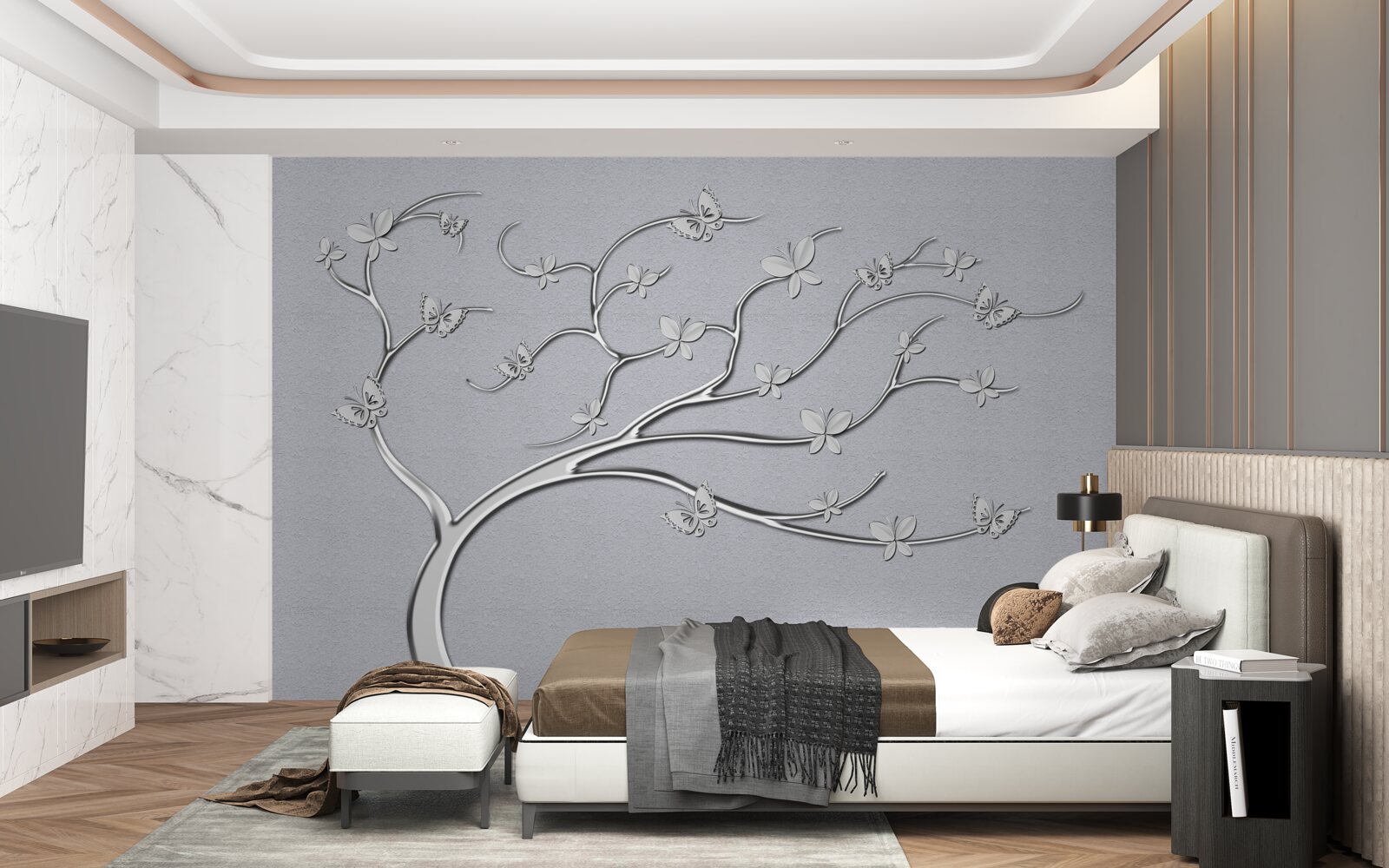 Fotobehang dunne boom met metalen bloemen