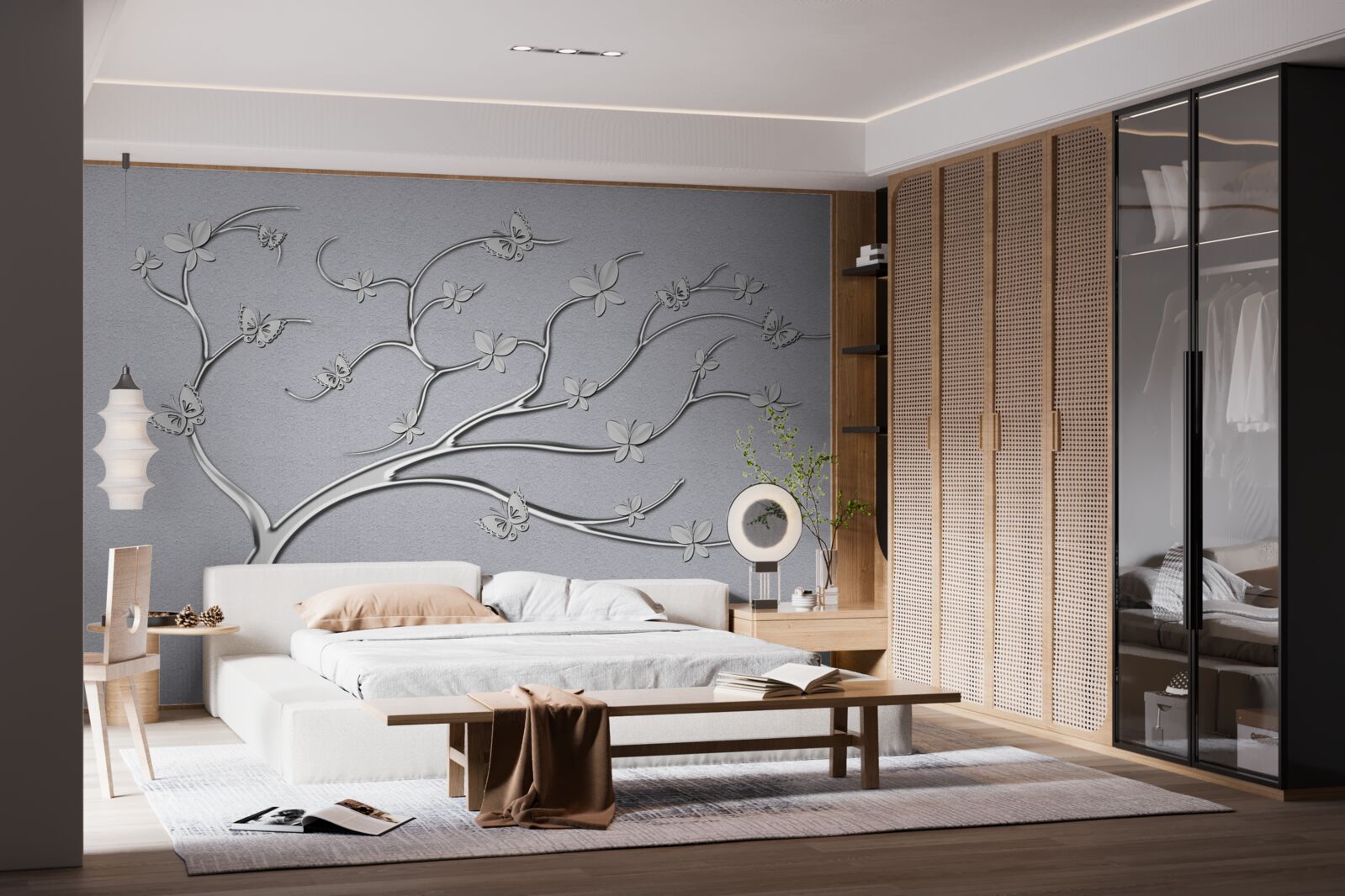 Fotobehang dunne boom met metalen bloemen