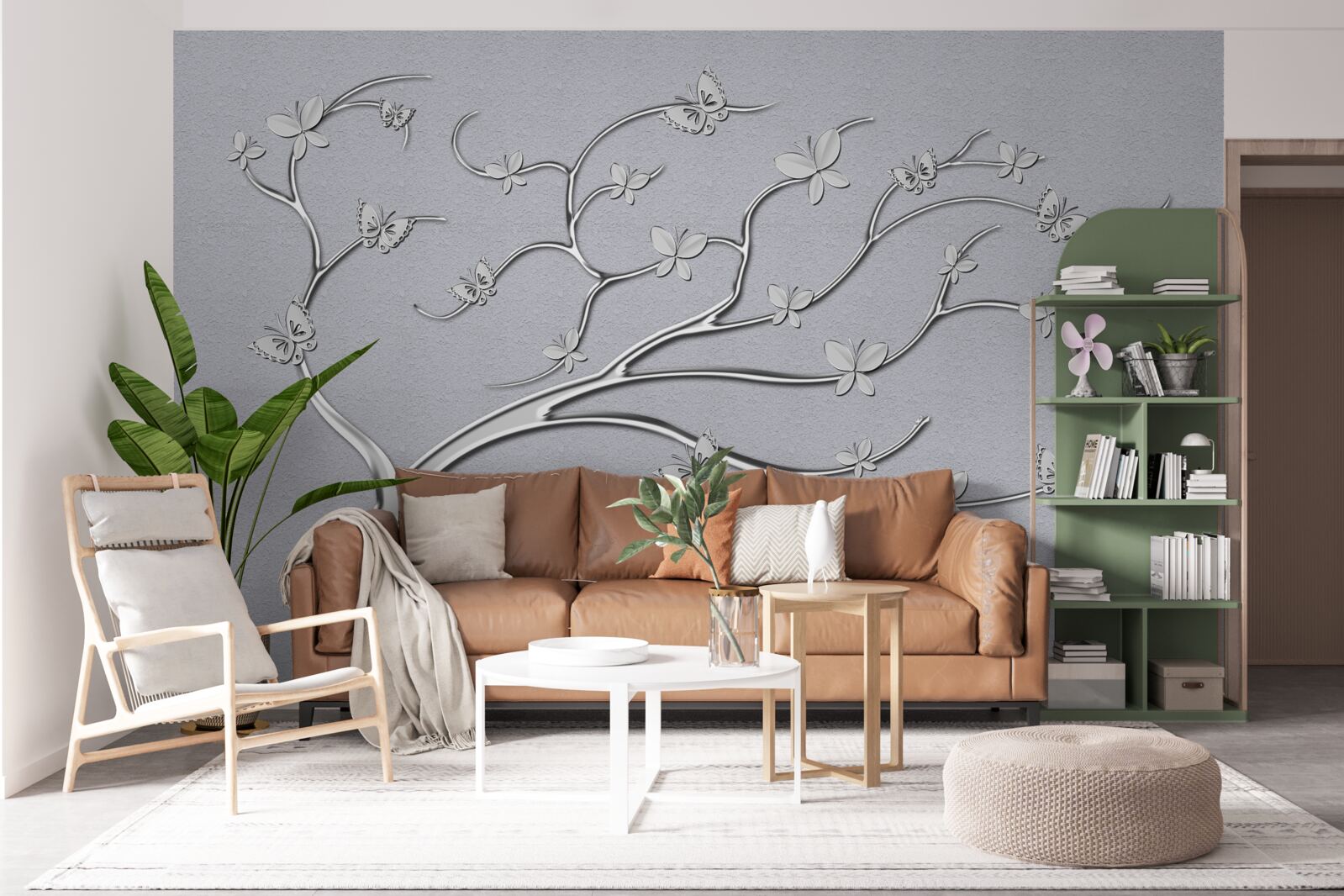 Fotobehang dunne boom met metalen bloemen