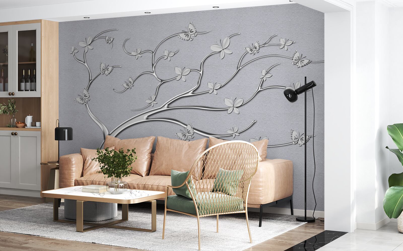 Fotobehang dunne boom met metalen bloemen