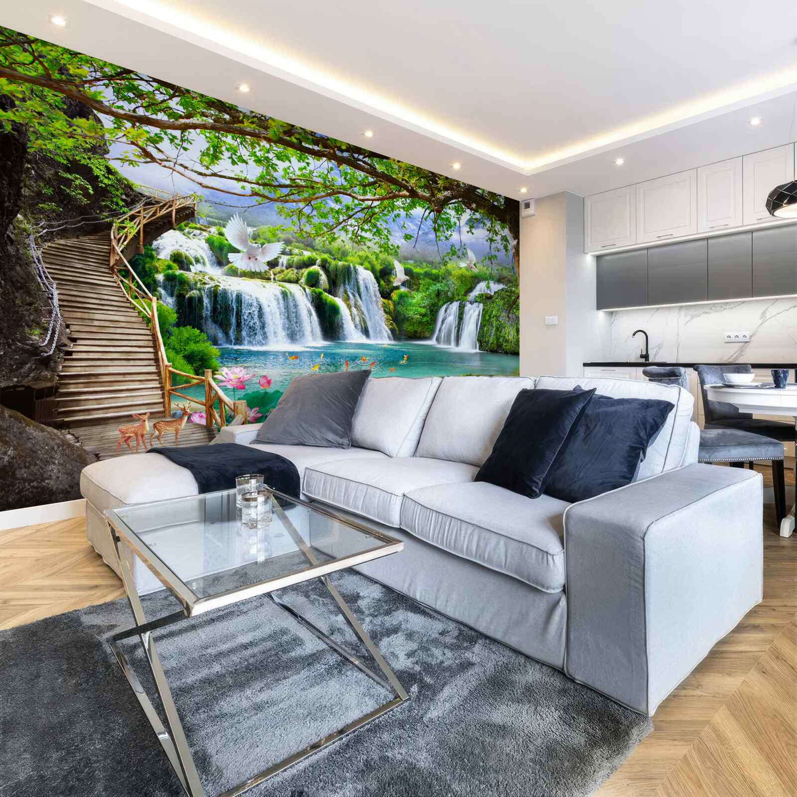 Fotobehang foto met watervallen en groene vegetatie