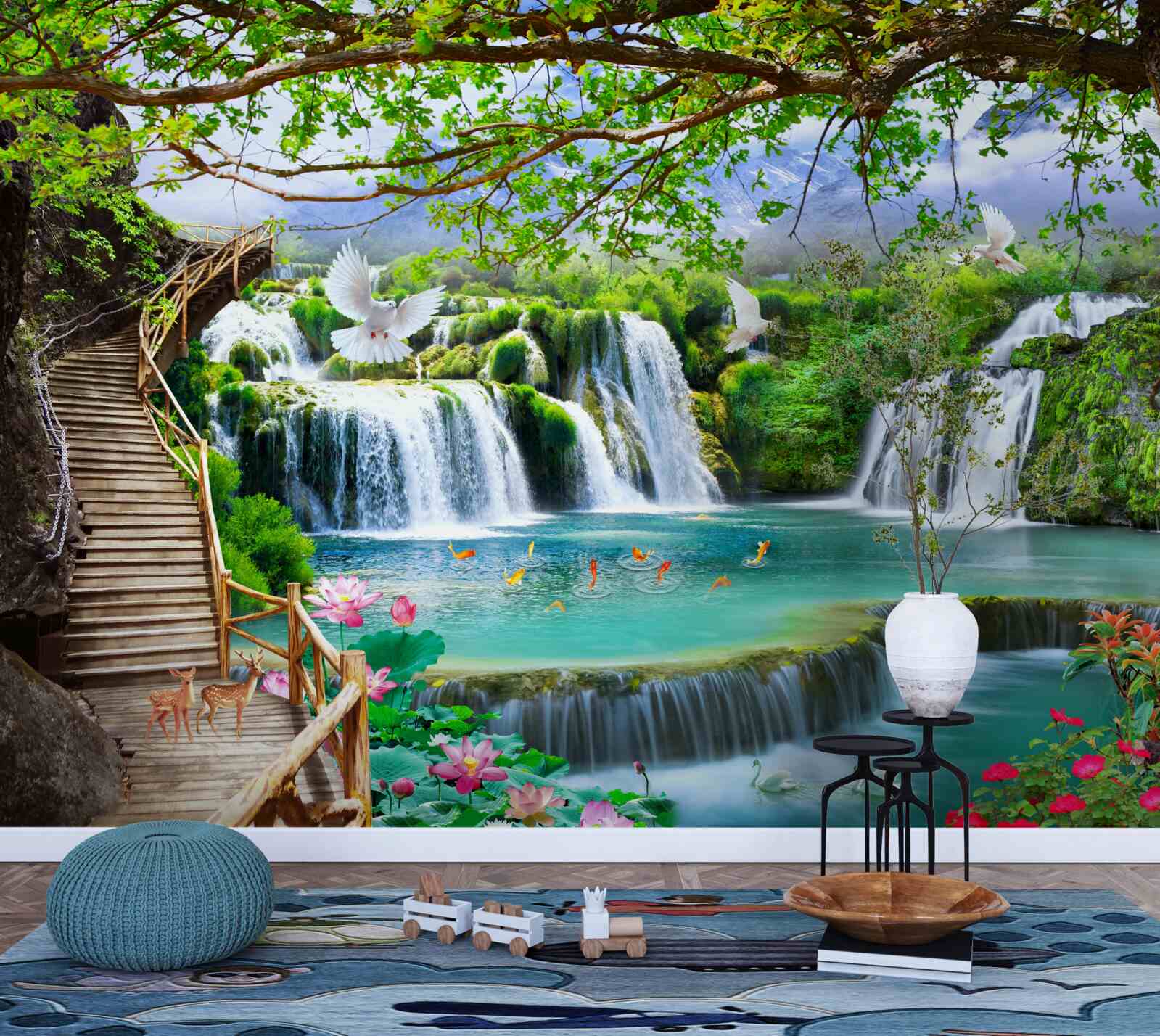 Fotobehang foto met watervallen en groene vegetatie