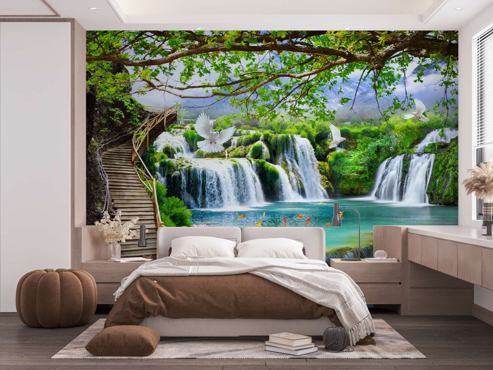 Fotobehang foto met watervallen en groene vegetatie