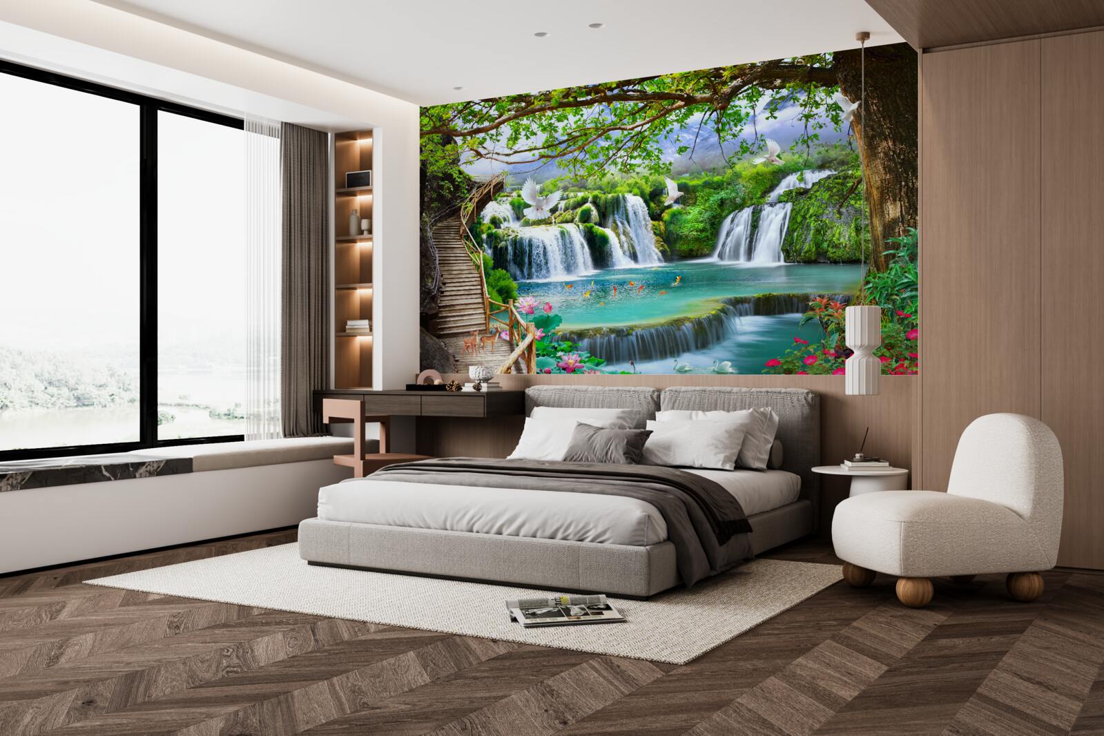 Fotobehang foto met watervallen en groene vegetatie