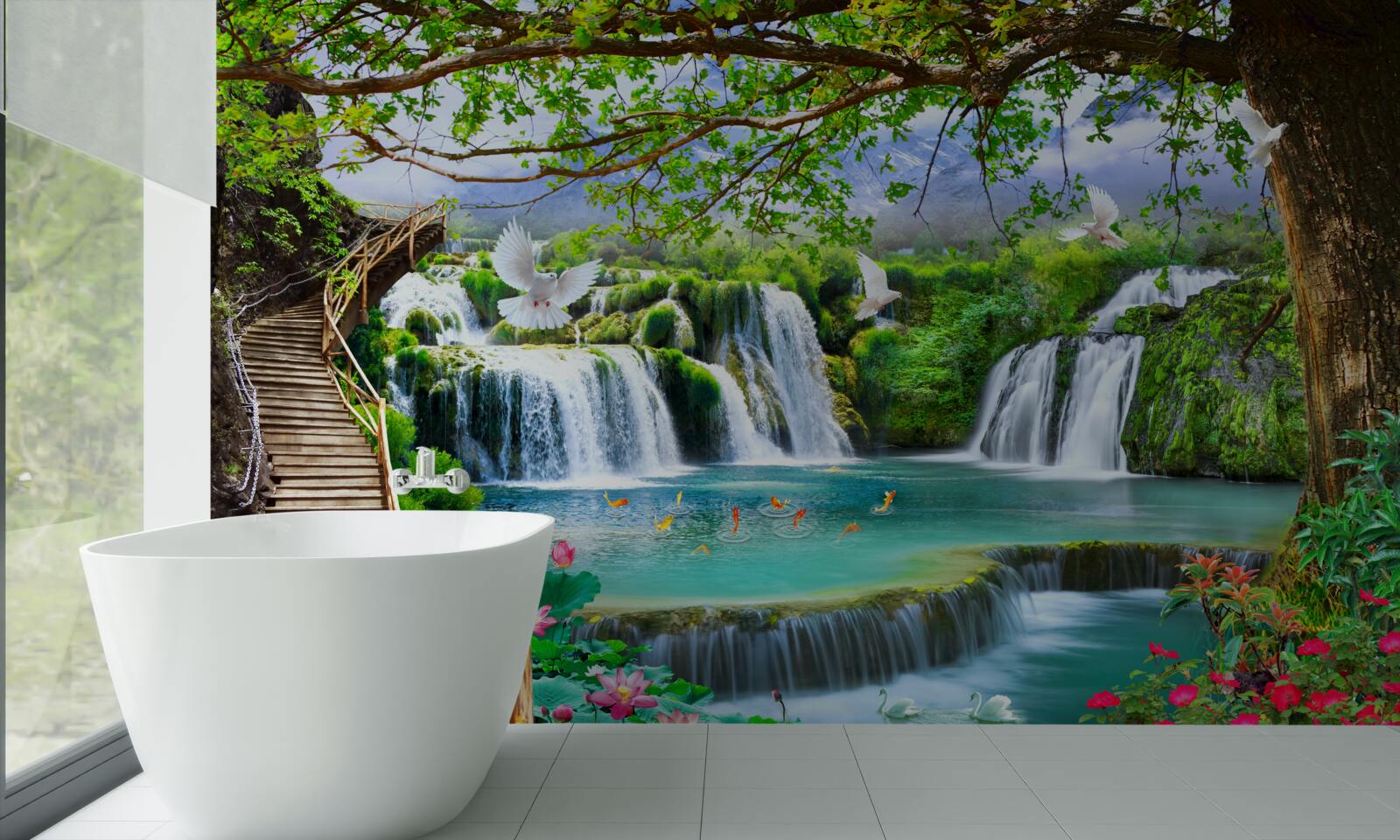Fotobehang foto met watervallen en groene vegetatie