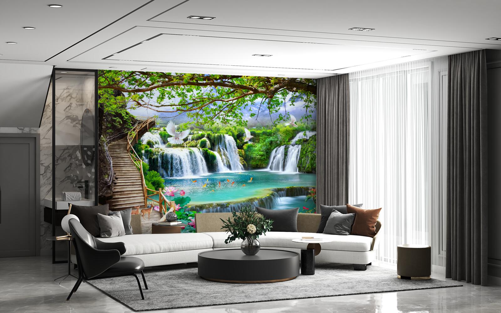 Fotobehang foto met watervallen en groene vegetatie