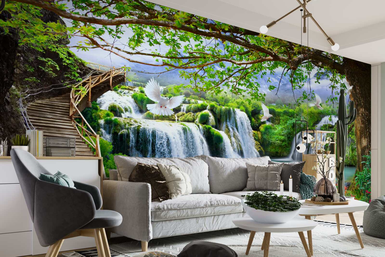 Fotobehang foto met watervallen en groene vegetatie