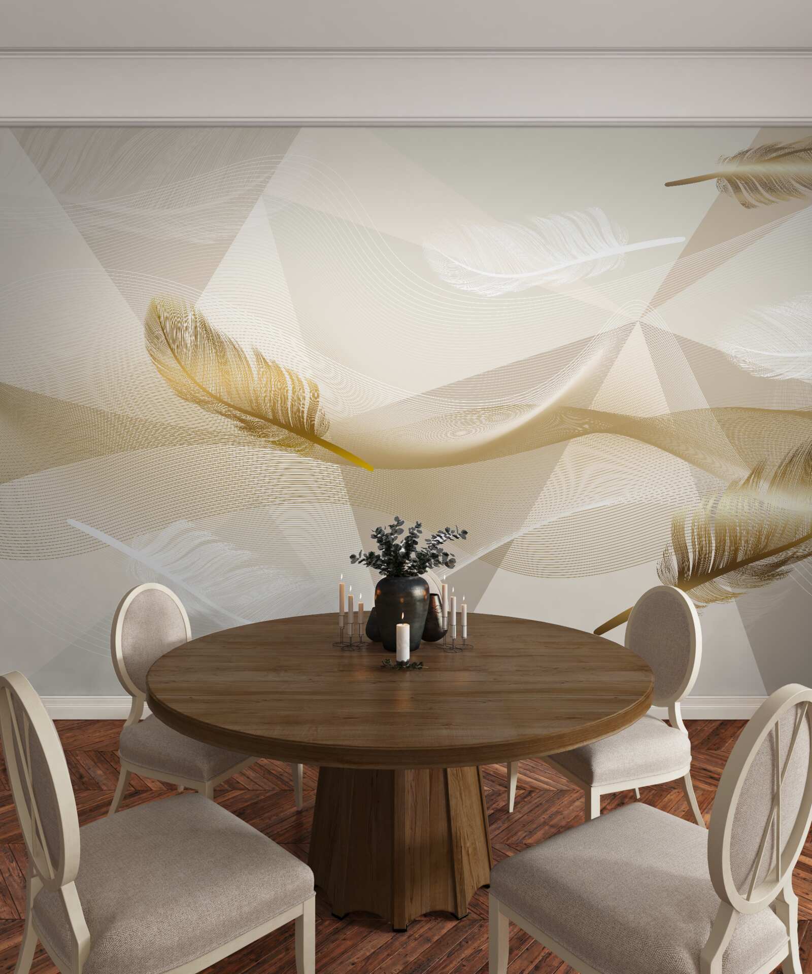 Fotobehang vliegende veren en geometrische vormen