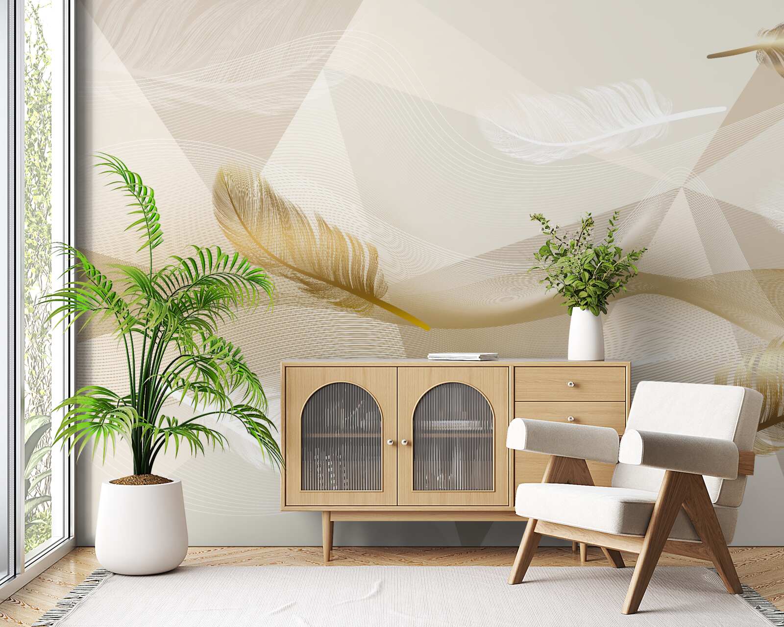 Fotobehang vliegende veren en geometrische vormen