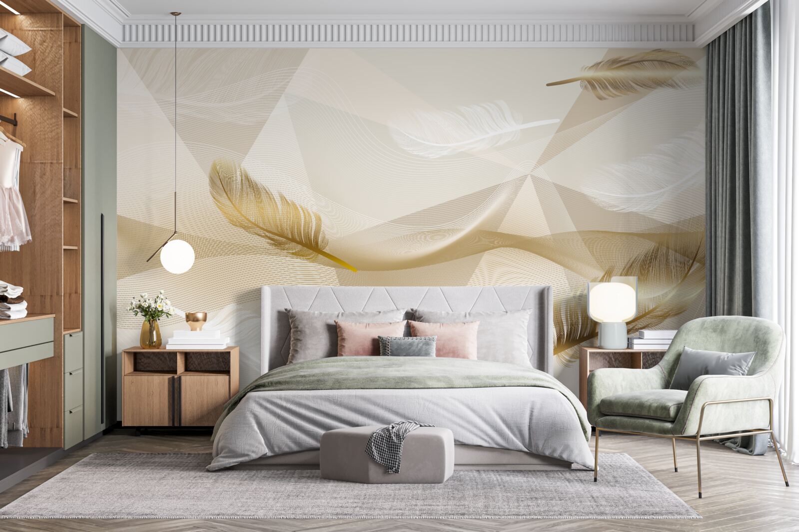 Fotobehang vliegende veren en geometrische vormen