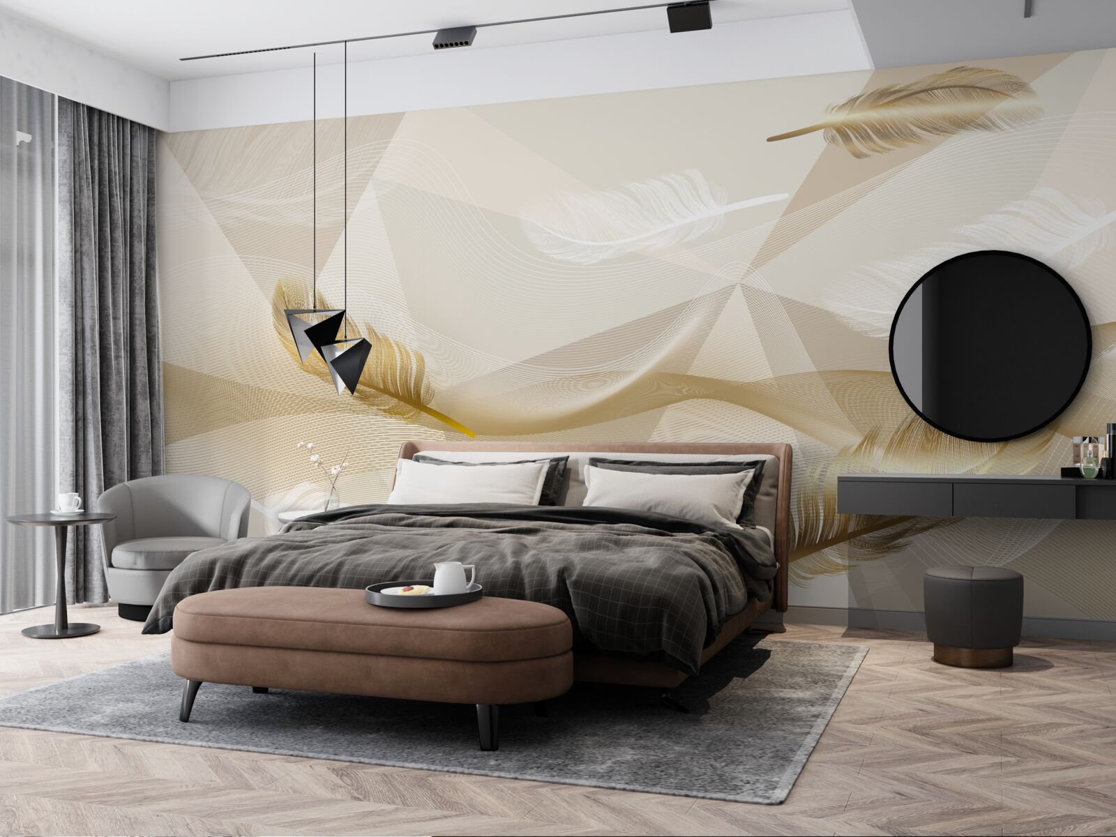 Fotobehang vliegende veren en geometrische vormen